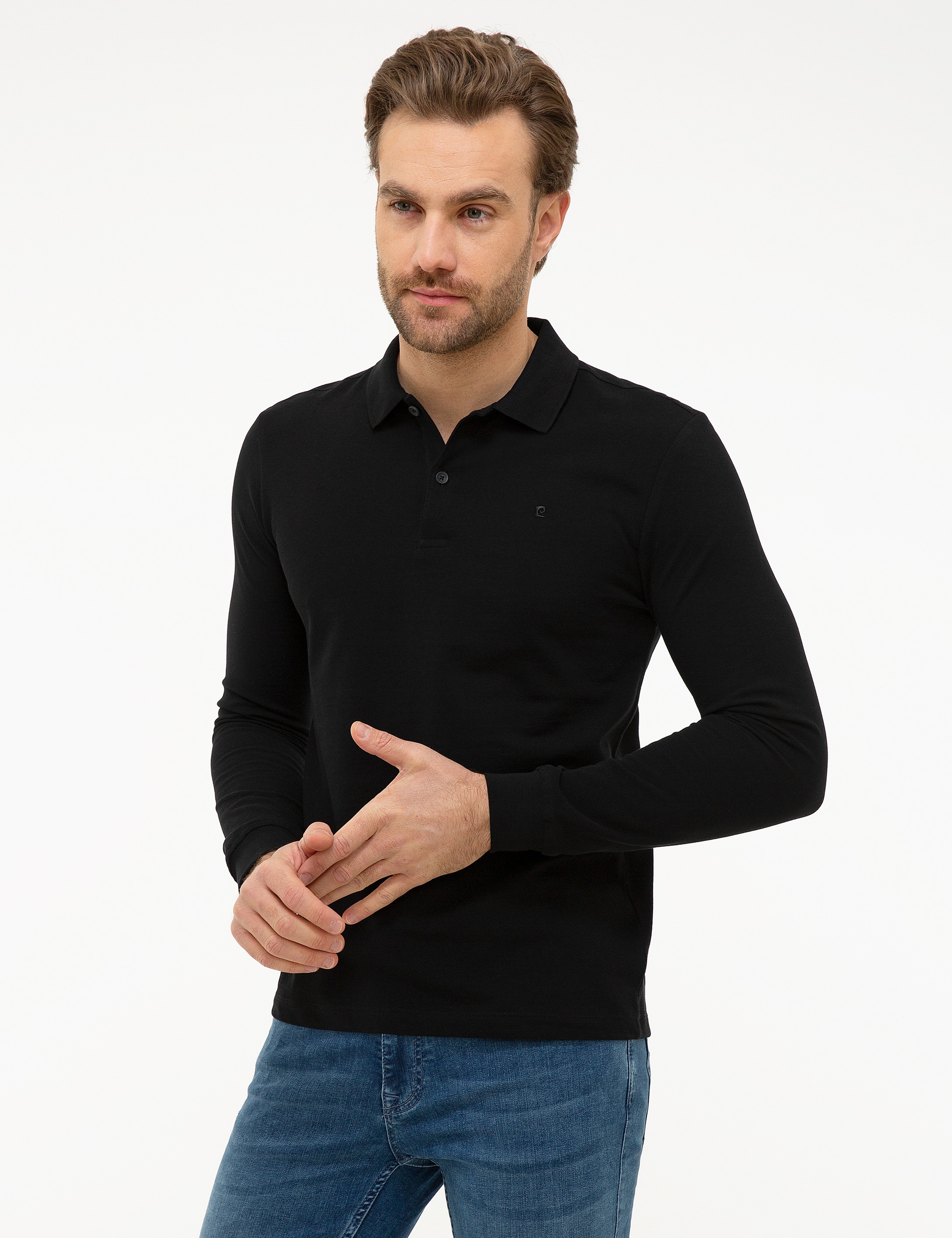 Siyah Slim Fit Polo Yaka Sweatshirt - Image 3