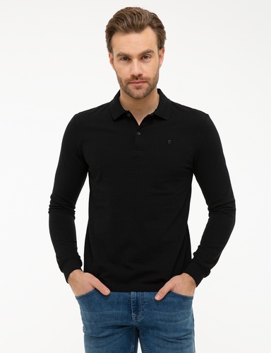 Siyah Slim Fit Polo Yaka Sweatshirt