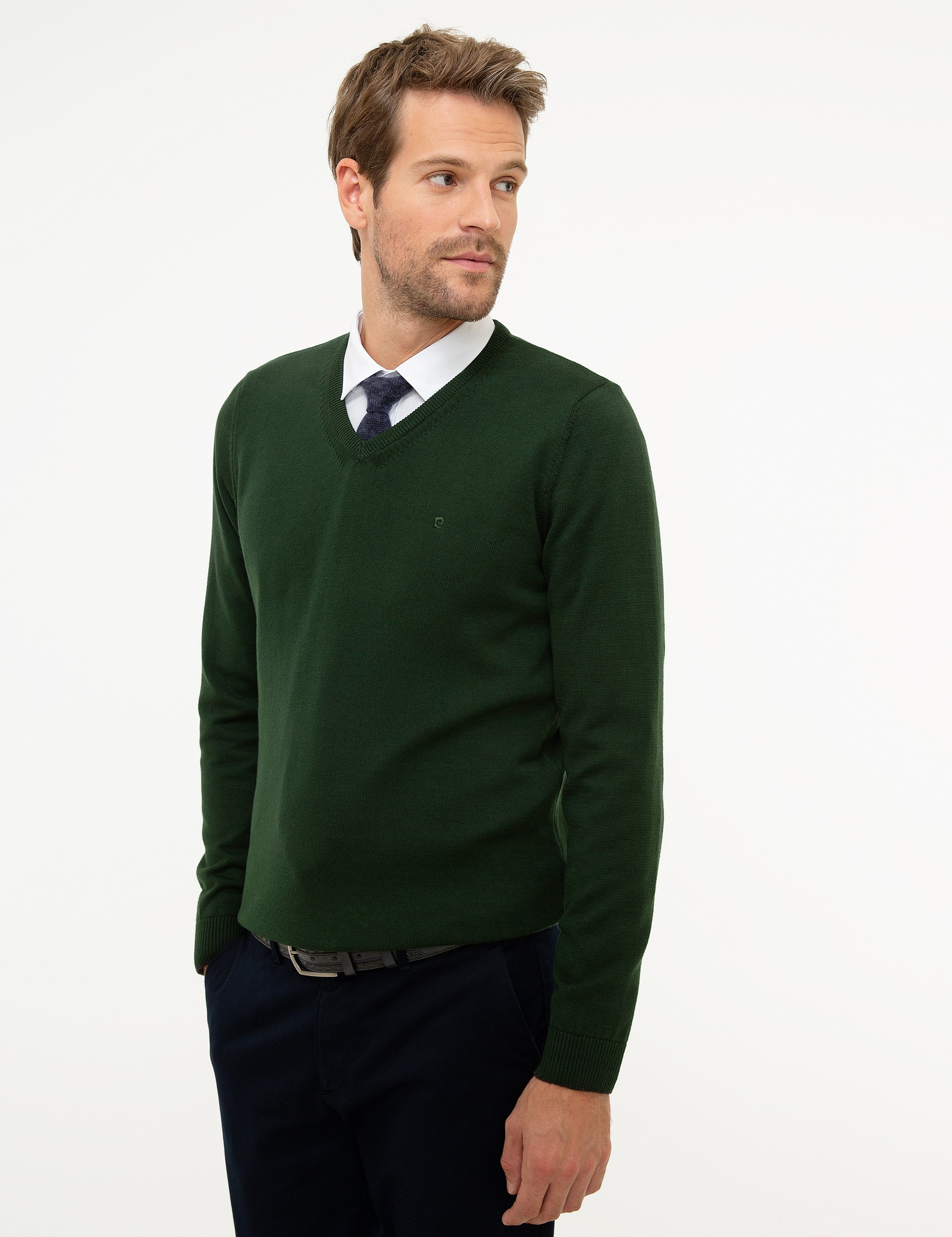 Koyu Yeşil Slim Fit V Yaka Basic Triko Kazak - Image 3