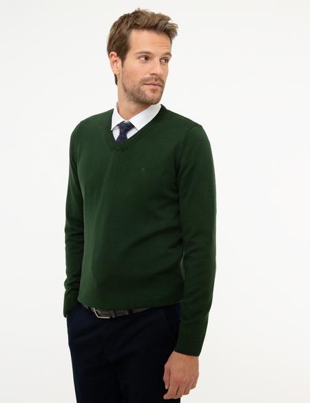 Koyu Yeşil Slim Fit V Yaka Basic Triko Kazak - 50207495156