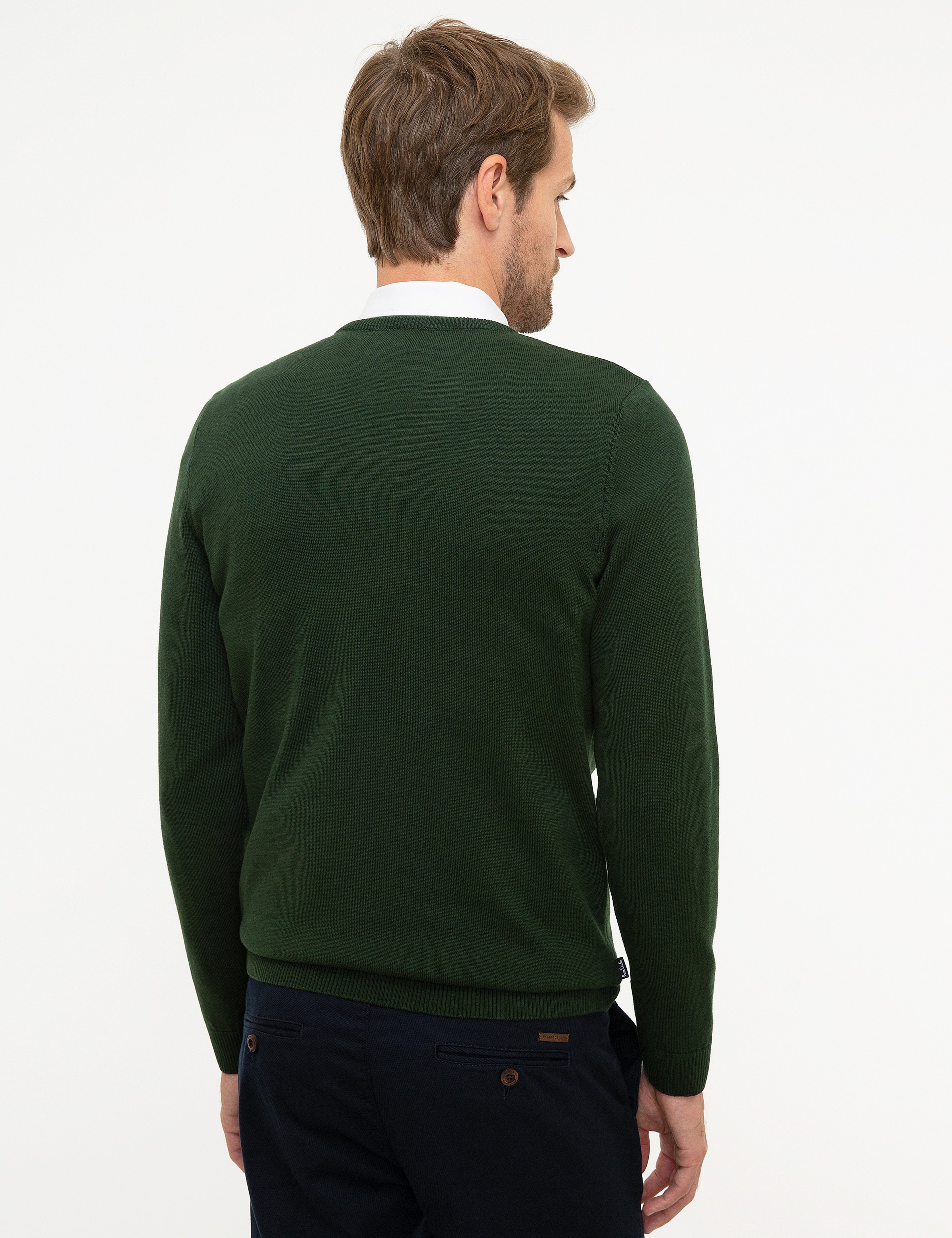 Koyu Yeşil Slim Fit V Yaka Basic Triko Kazak - Image 4