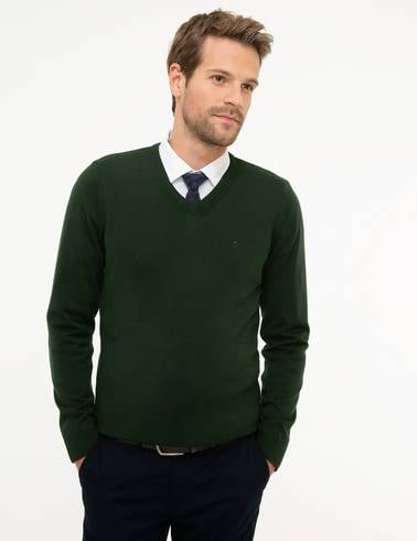 Koyu Yeşil Slim Fit V Yaka Basic Triko Kazak