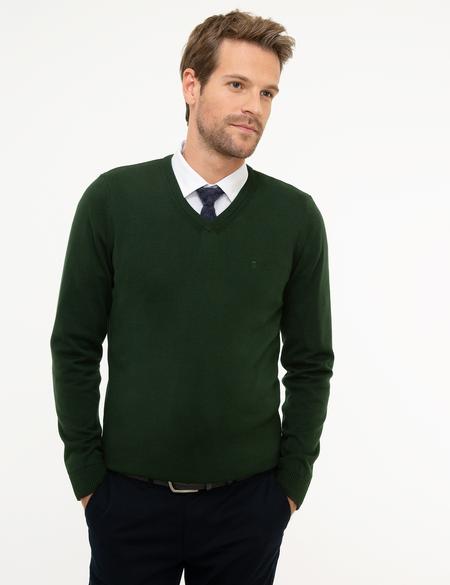 Koyu Yeşil Slim Fit V Yaka Basic Triko Kazak - 50207495156