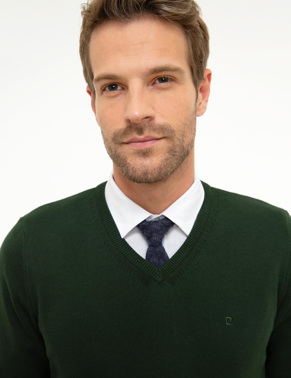 Koyu Yeşil Slim Fit V Yaka Basic Triko Kazak - 50207495156