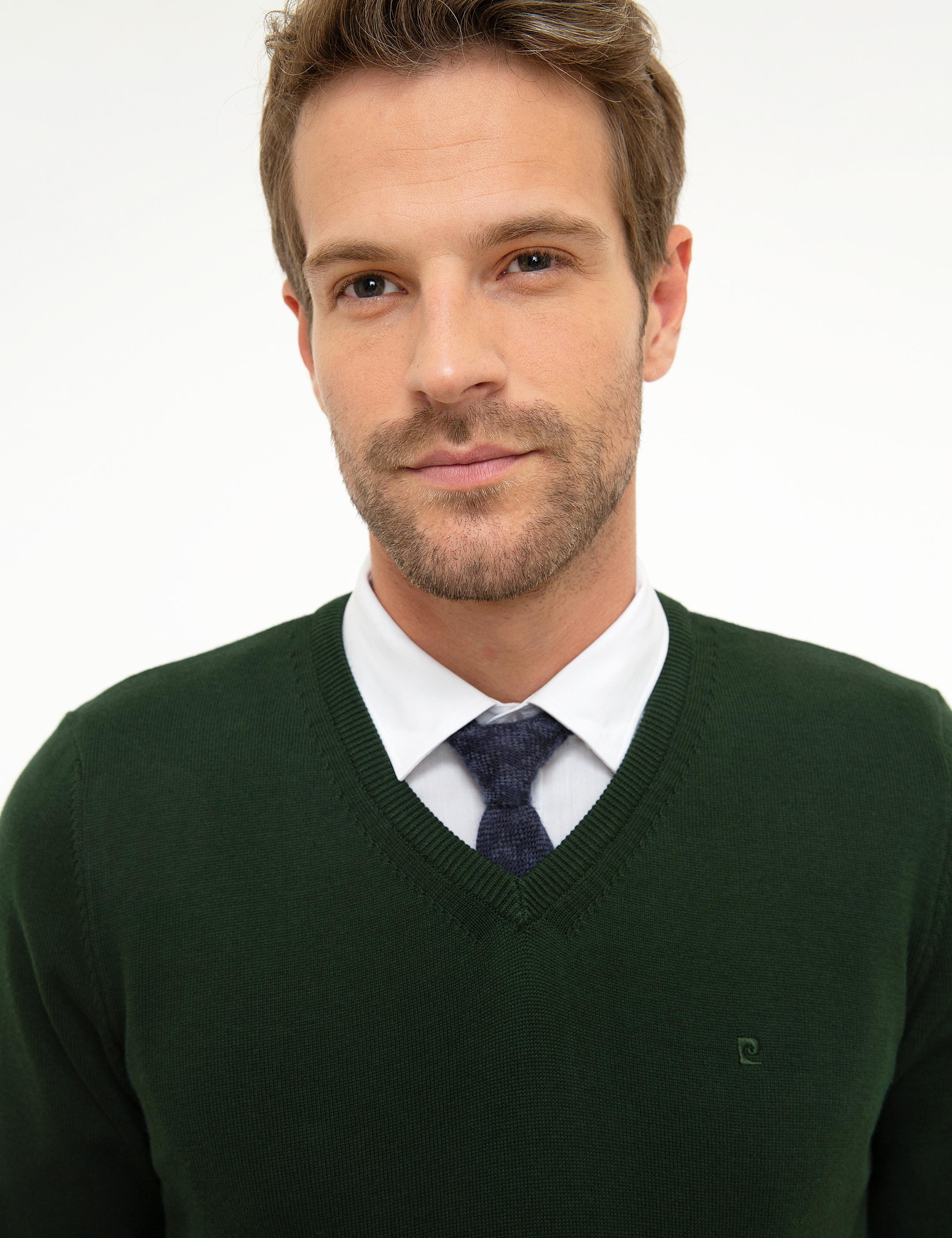 Koyu Yeşil Slim Fit V Yaka Basic Triko Kazak