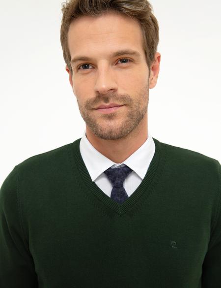 Koyu Yeşil Slim Fit V Yaka Basic Triko Kazak - 50207495156