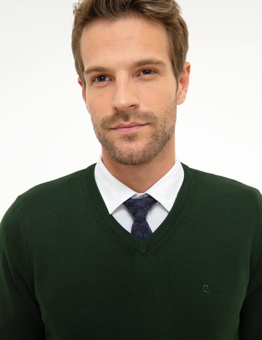 Koyu Yeşil Slim Fit V Yaka Basic Triko Kazak