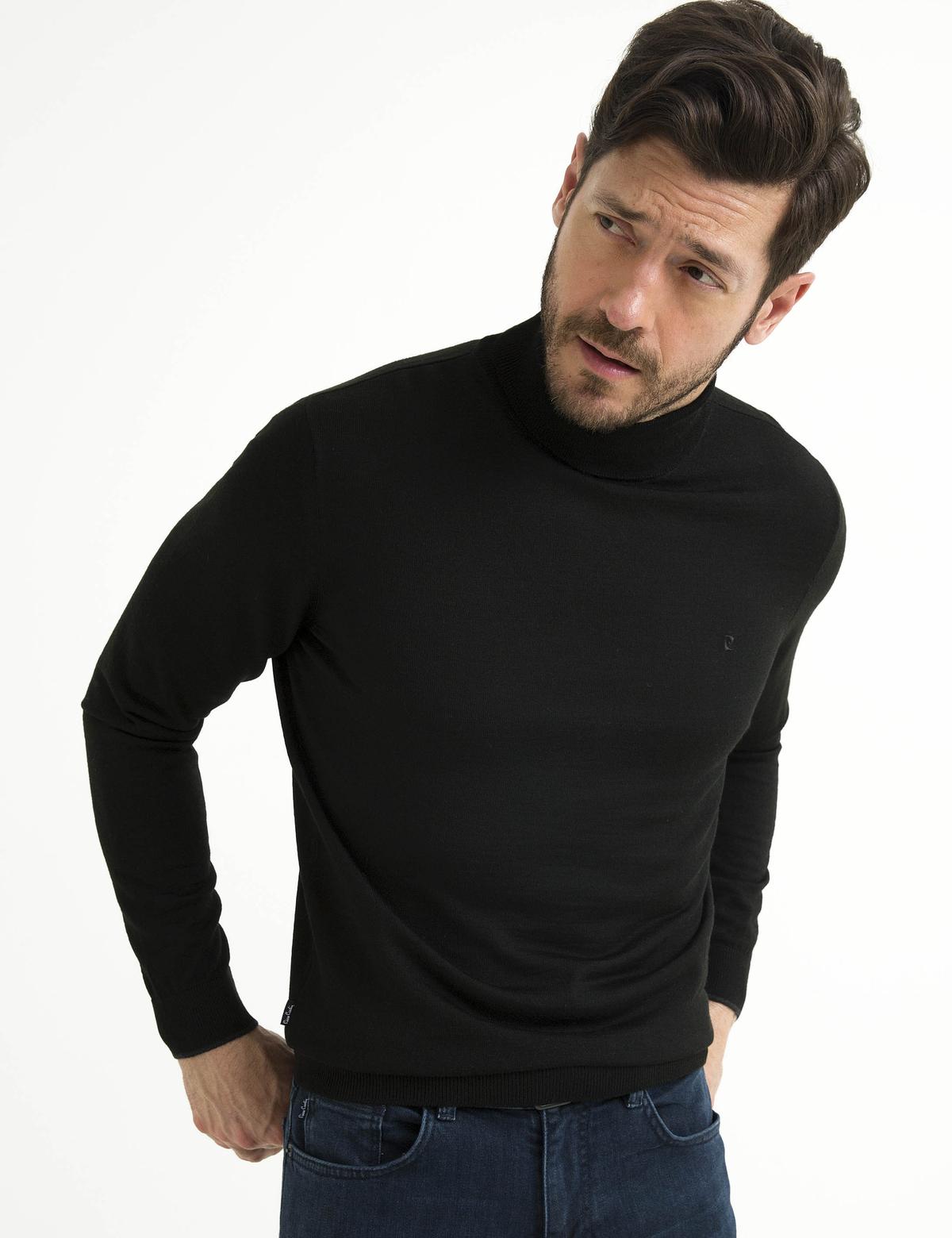 Siyah Slim Fit Tam Balıkçı Yaka Basic Triko Kazak - 50193443001