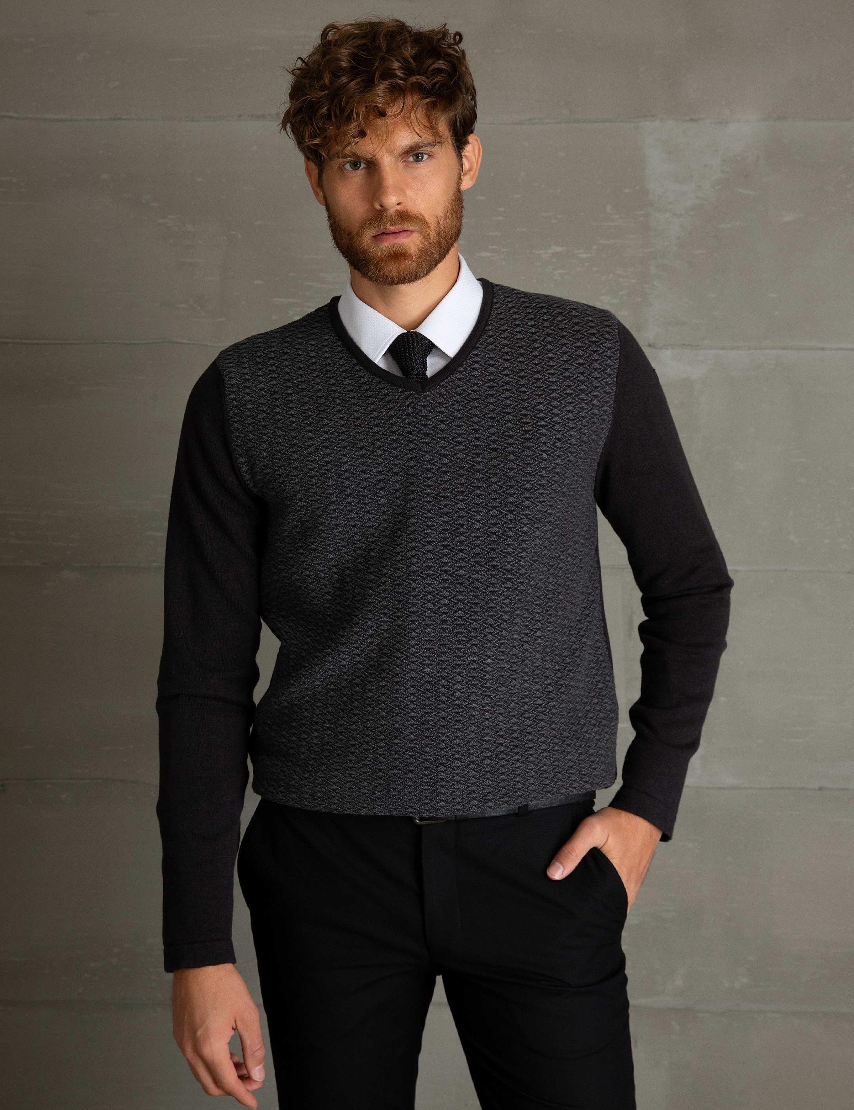 Antrasit Melanj Slim Fit Triko Kazak