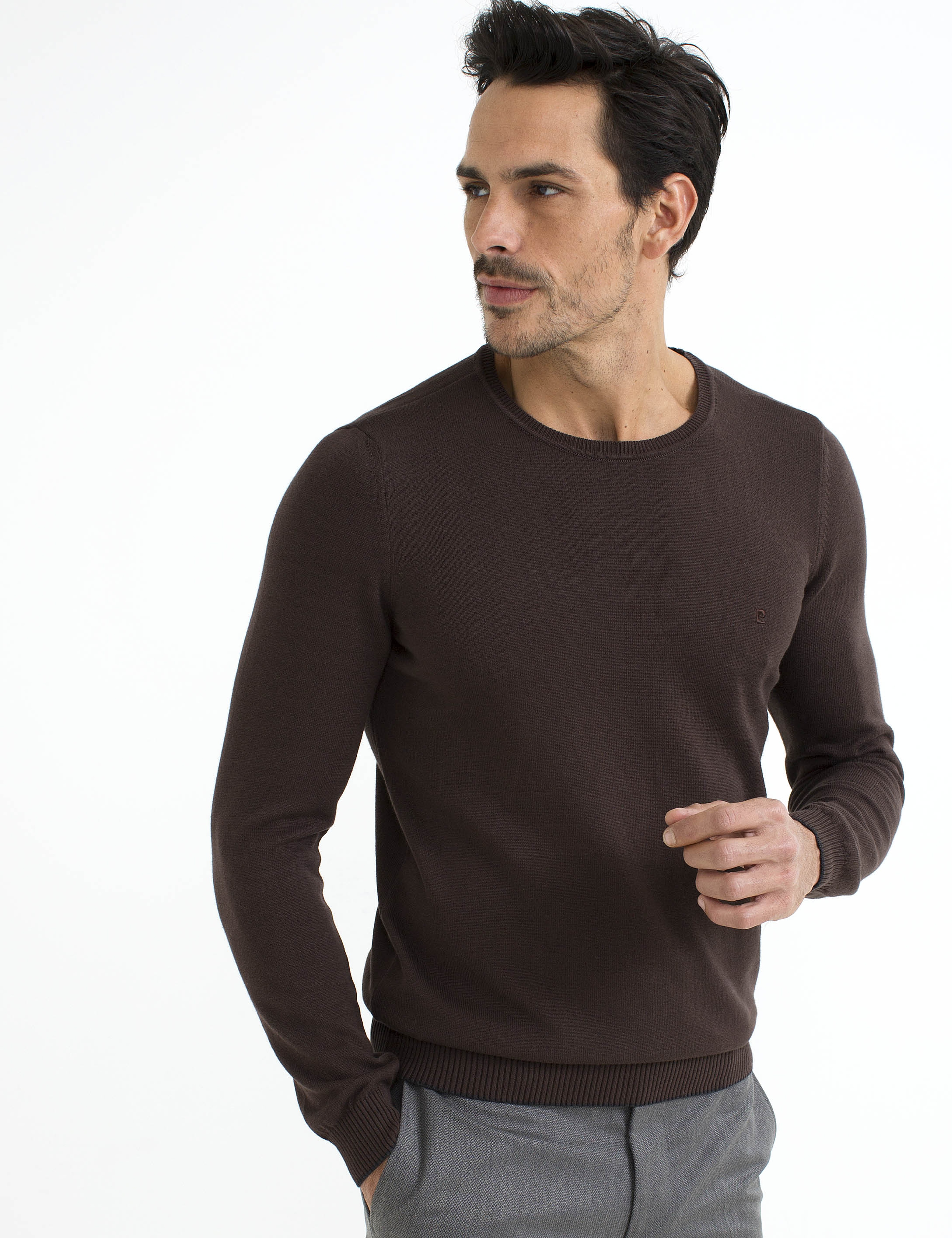 Kahverengi Slim Fit Bisiklet Yaka Basic Triko Kazak - Image 1