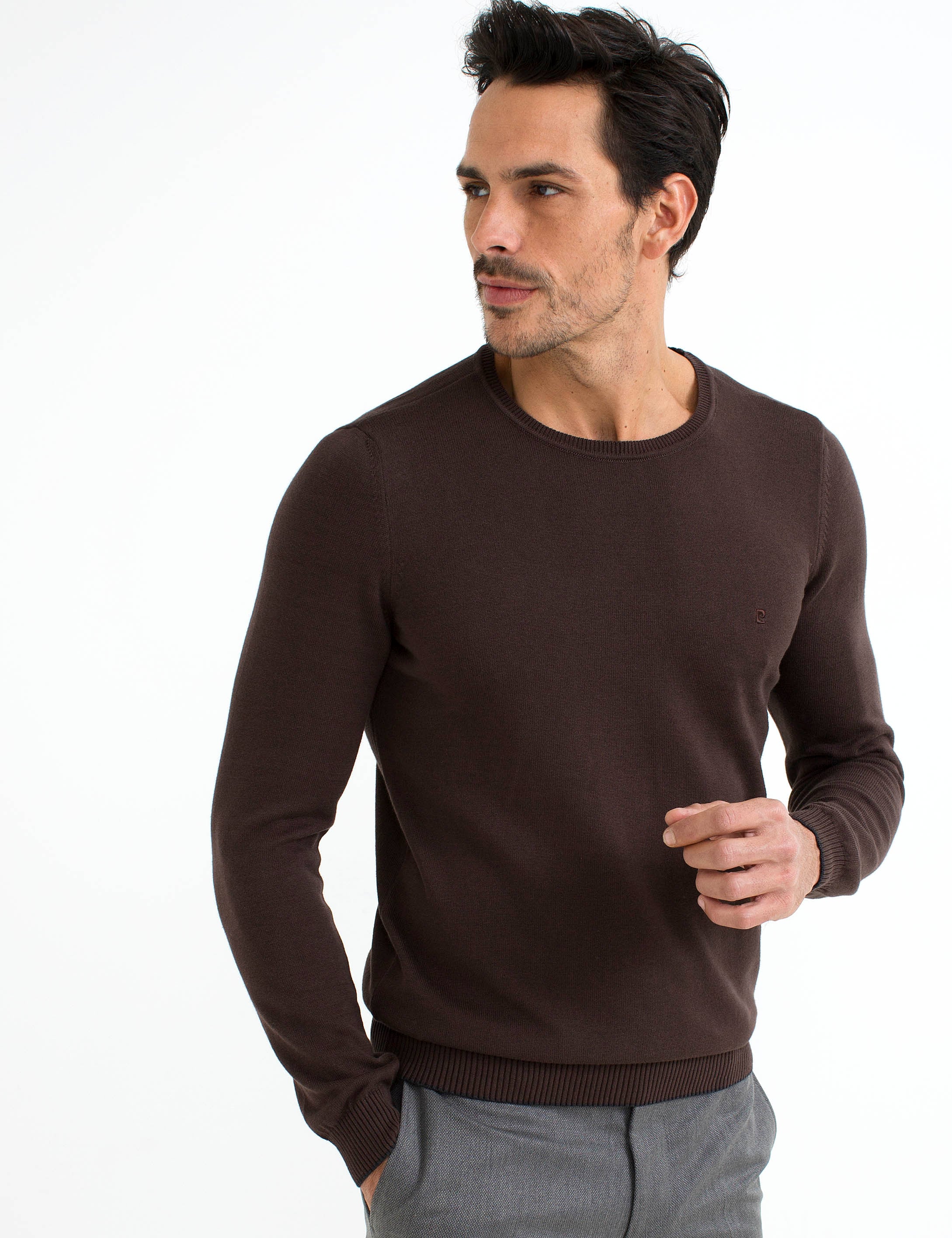 Kahverengi Slim Fit Bisiklet Yaka Basic Triko Kazak