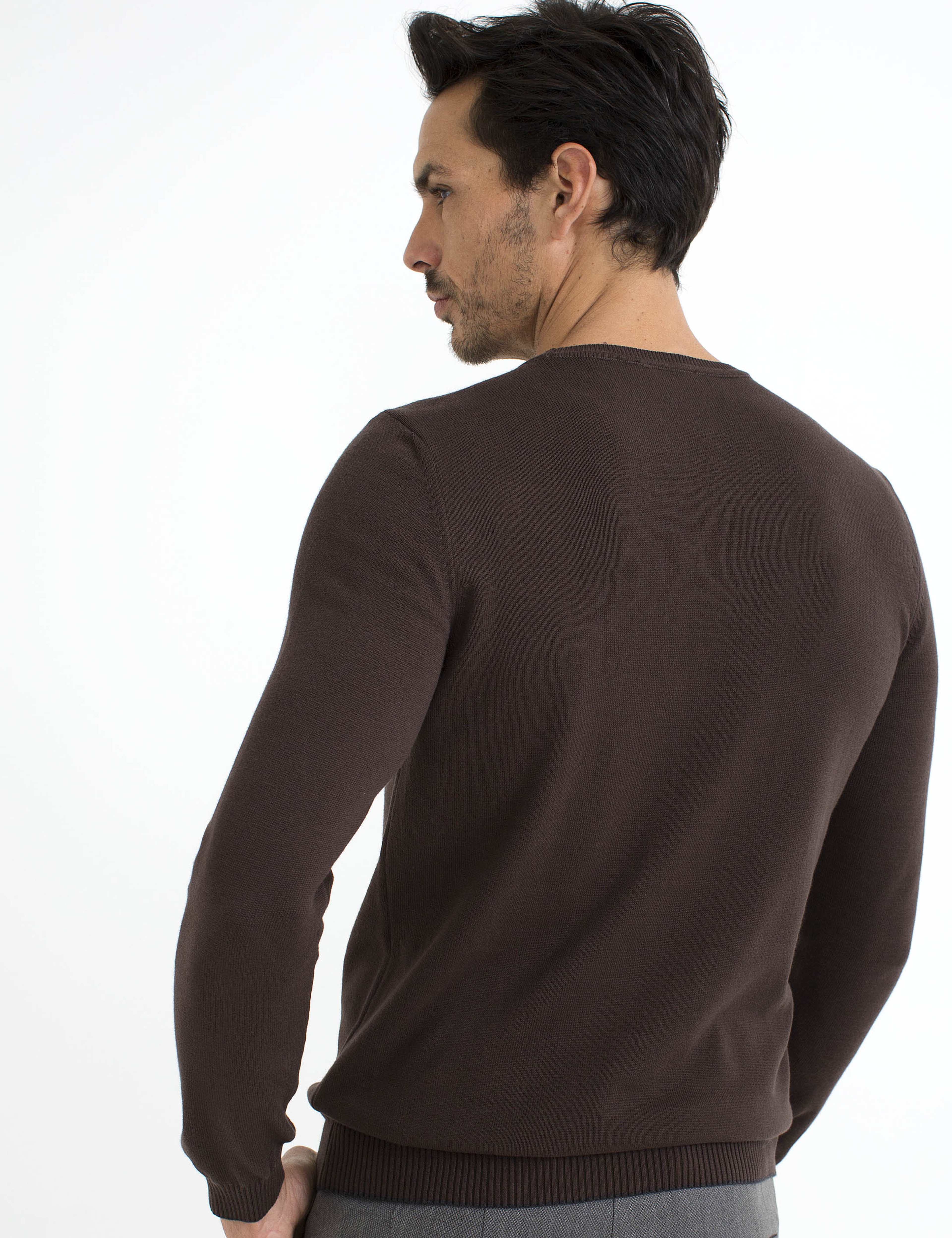 Kahverengi Slim Fit Bisiklet Yaka Basic Triko Kazak
