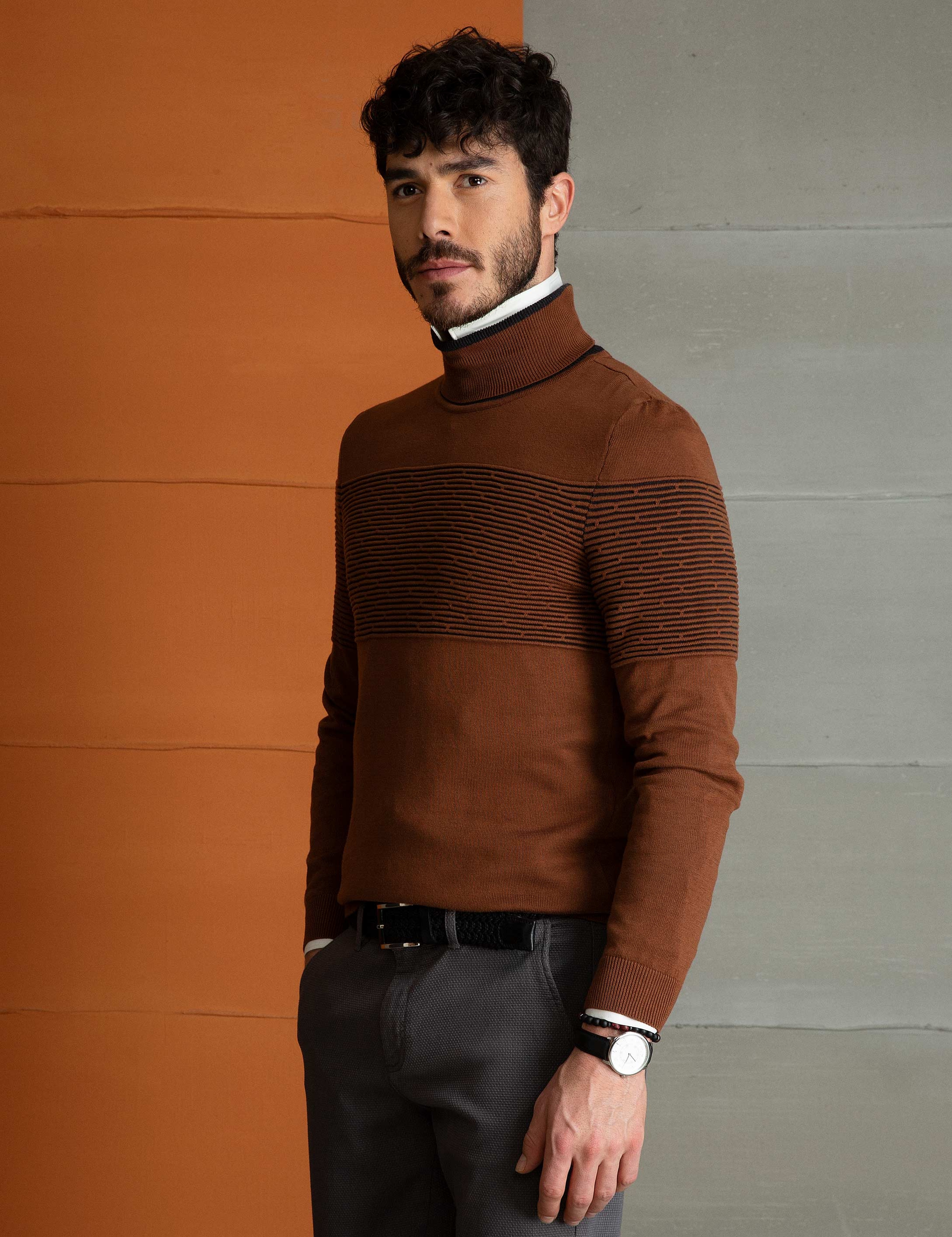 Turuncu Slim Fit Triko Kazak - Image 2