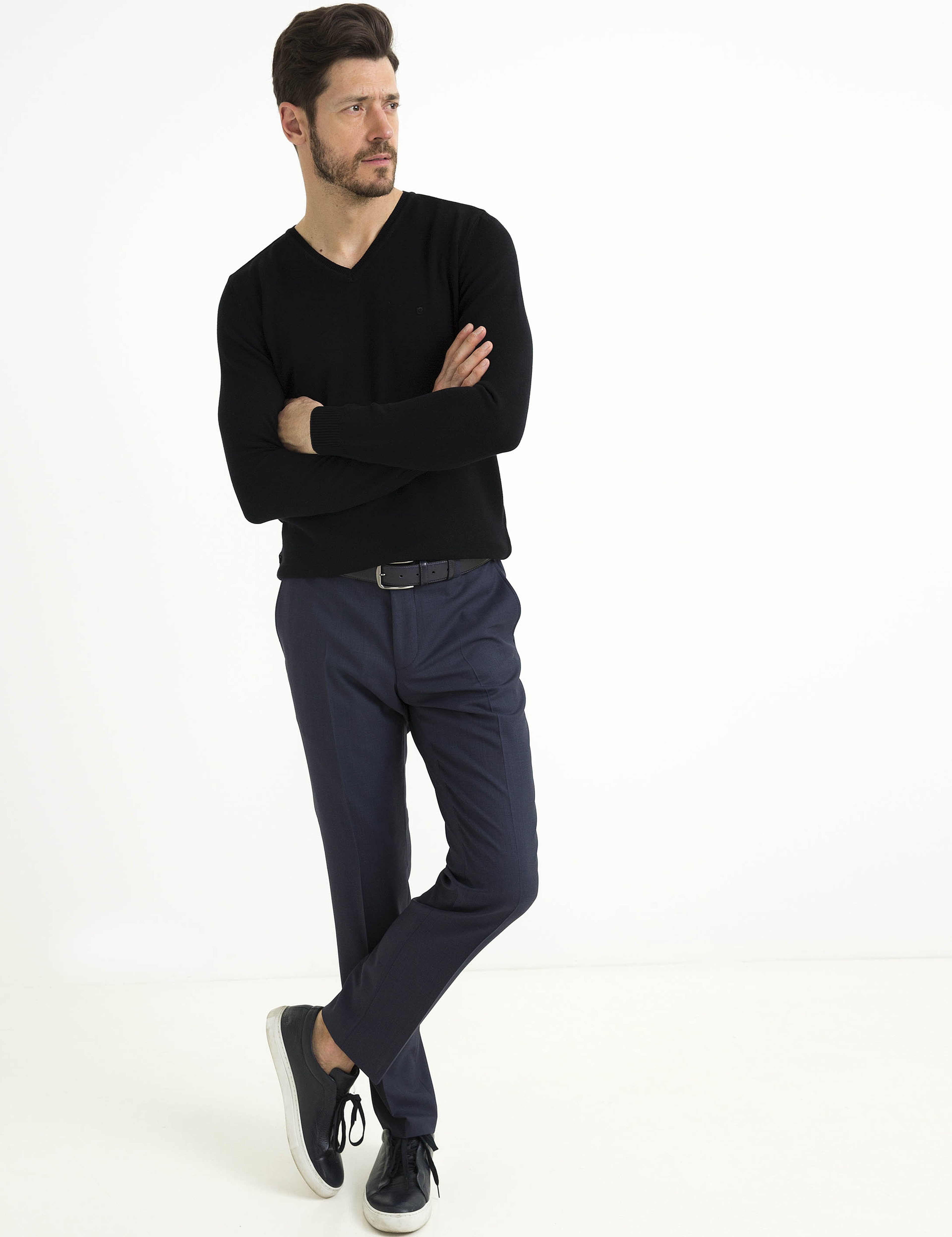 Siyah Slim Fit V Yaka Basic Triko Kazak - Image 2