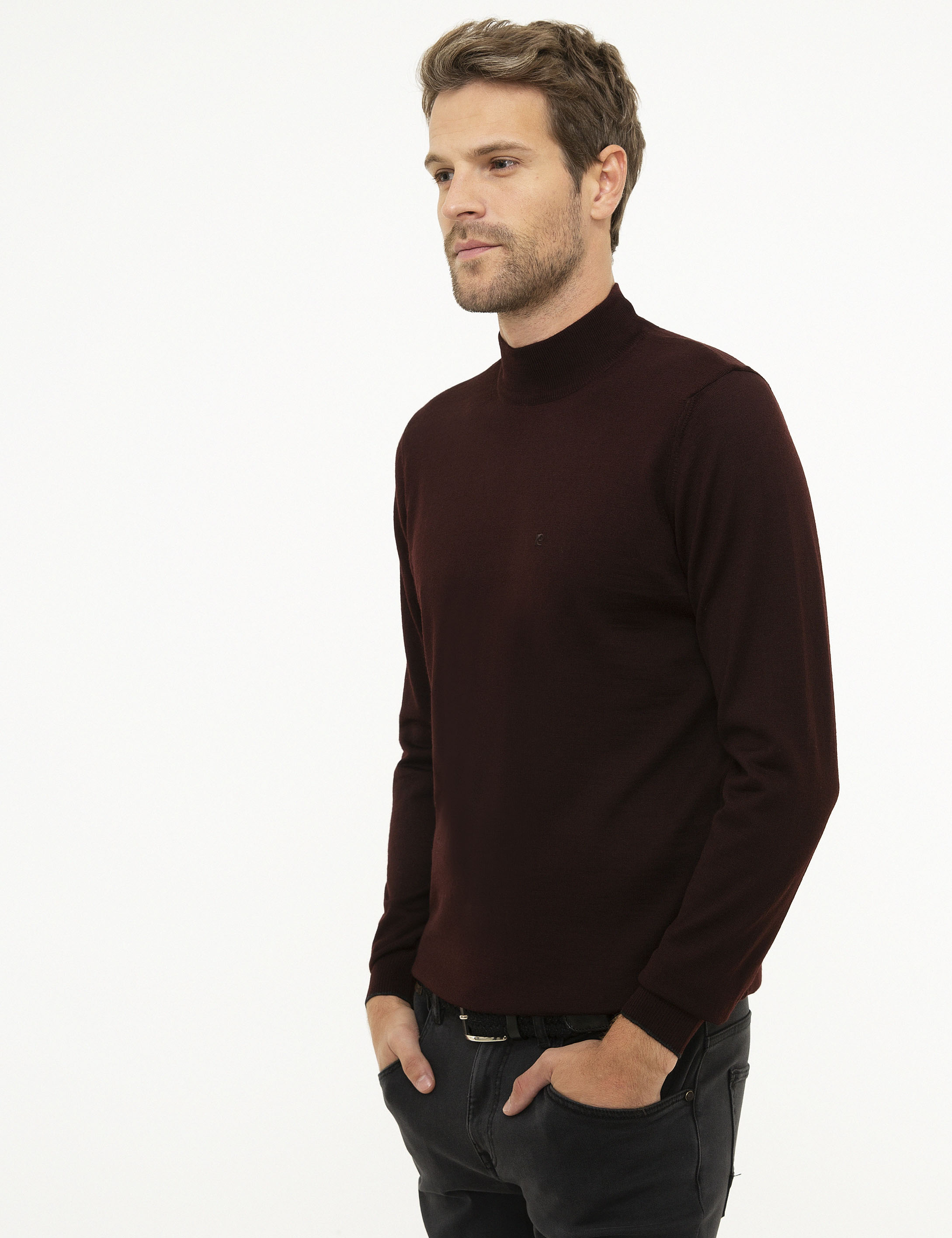 Bordo Slim Fit Yarım Balıkçı Yaka Basic Triko Kazak