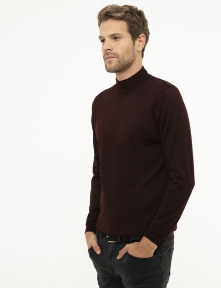Bordo Slim Fit Yarım Balıkçı Yaka Basic Triko Kazak - 50206758016