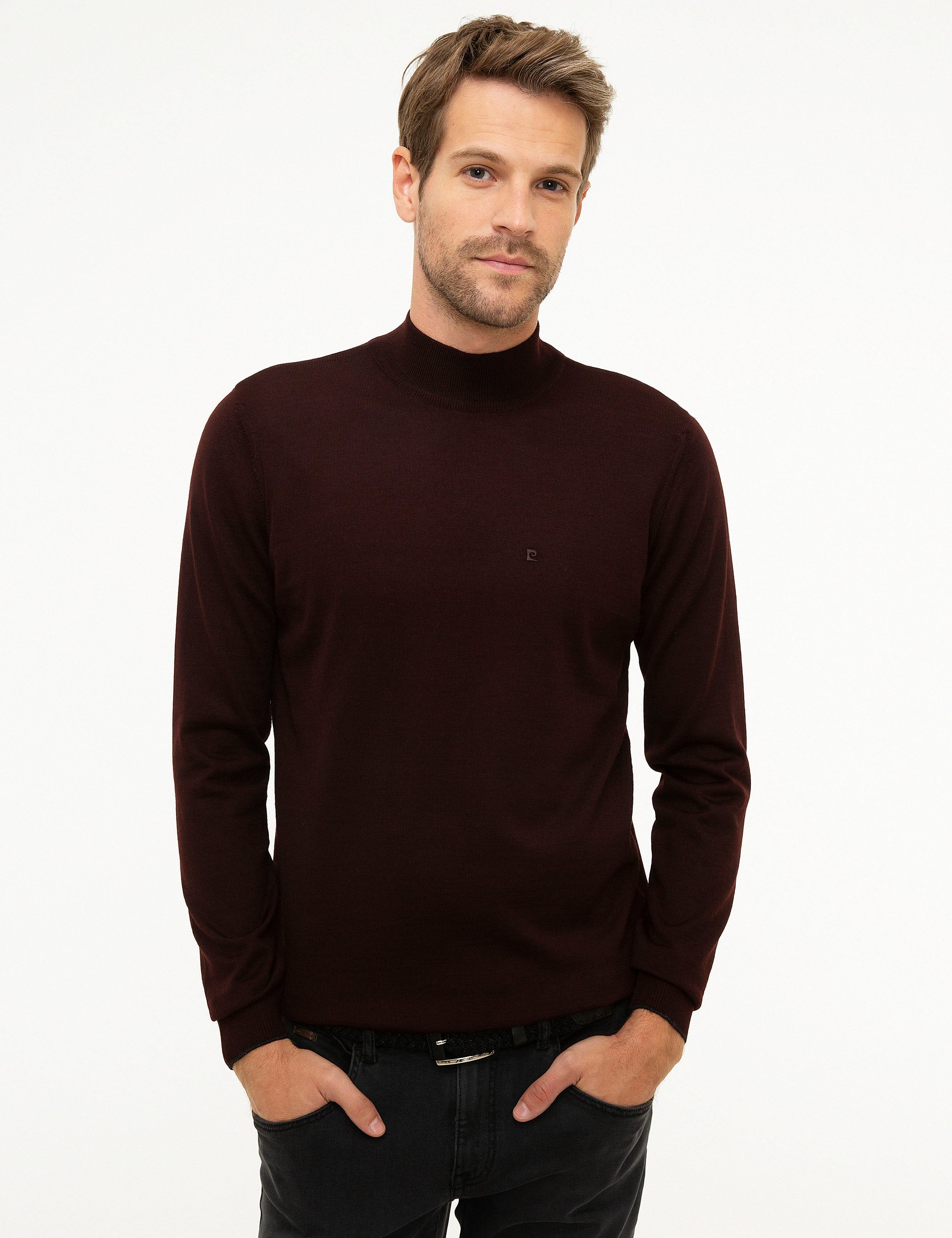 Bordo Slim Fit Yarım Balıkçı Yaka Basic Triko Kazak