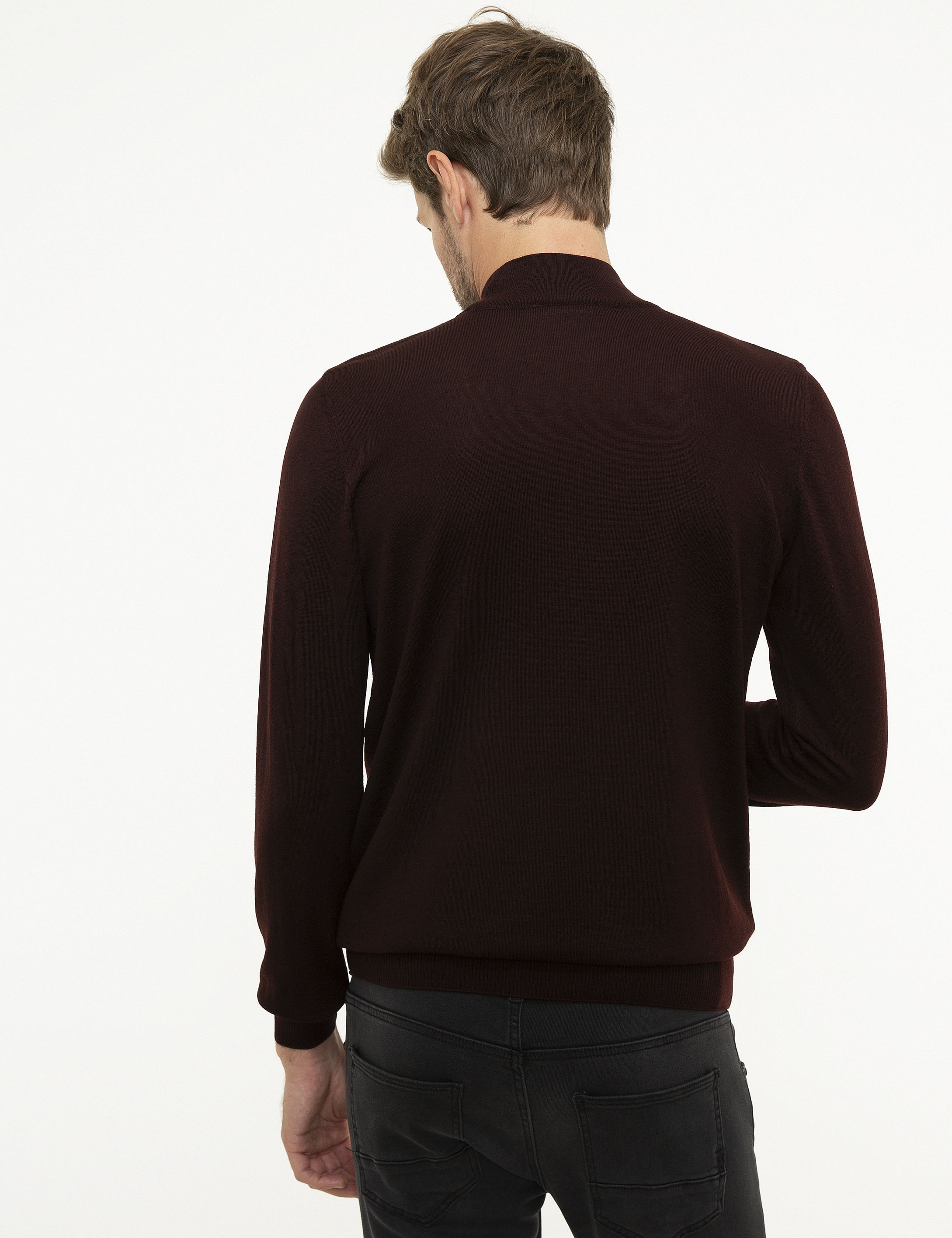 Bordo Slim Fit Yarım Balıkçı Yaka Basic Triko Kazak - Image 4