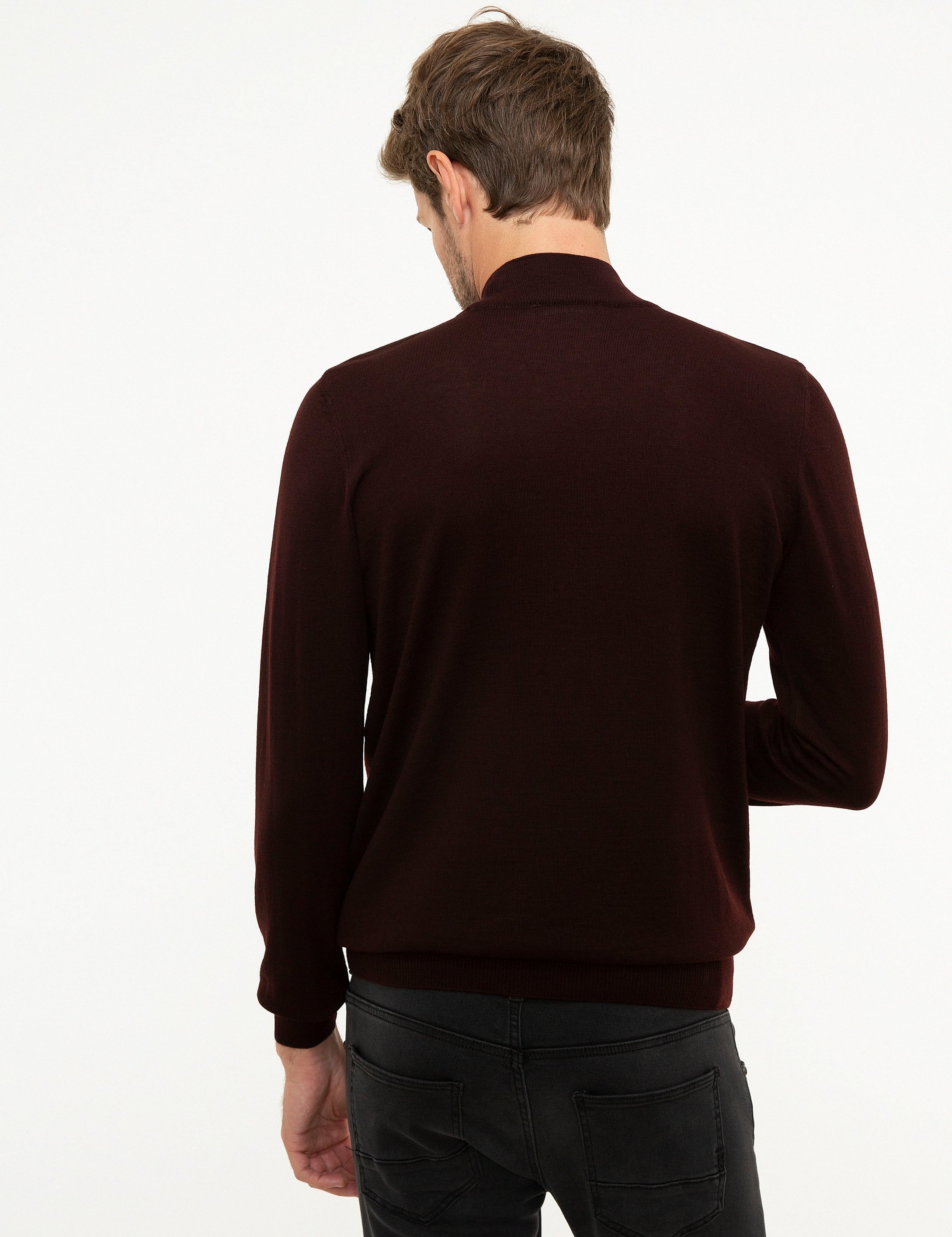 Bordo Slim Fit Yarım Balıkçı Yaka Basic Triko Kazak