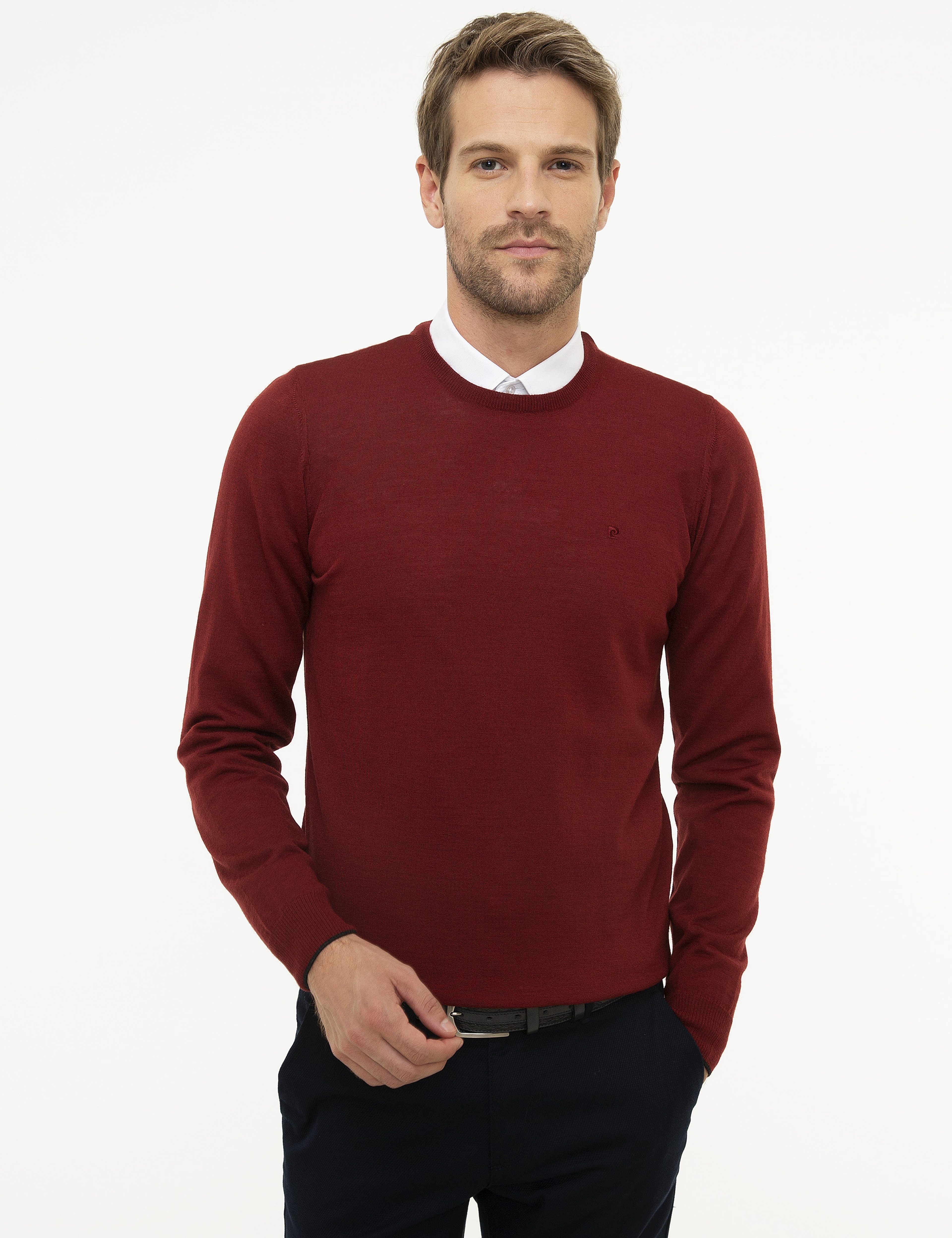 Kırmızı Slim Fit Bisiklet Yaka Yün Karışımlı Basic Triko Kazak - Image 2