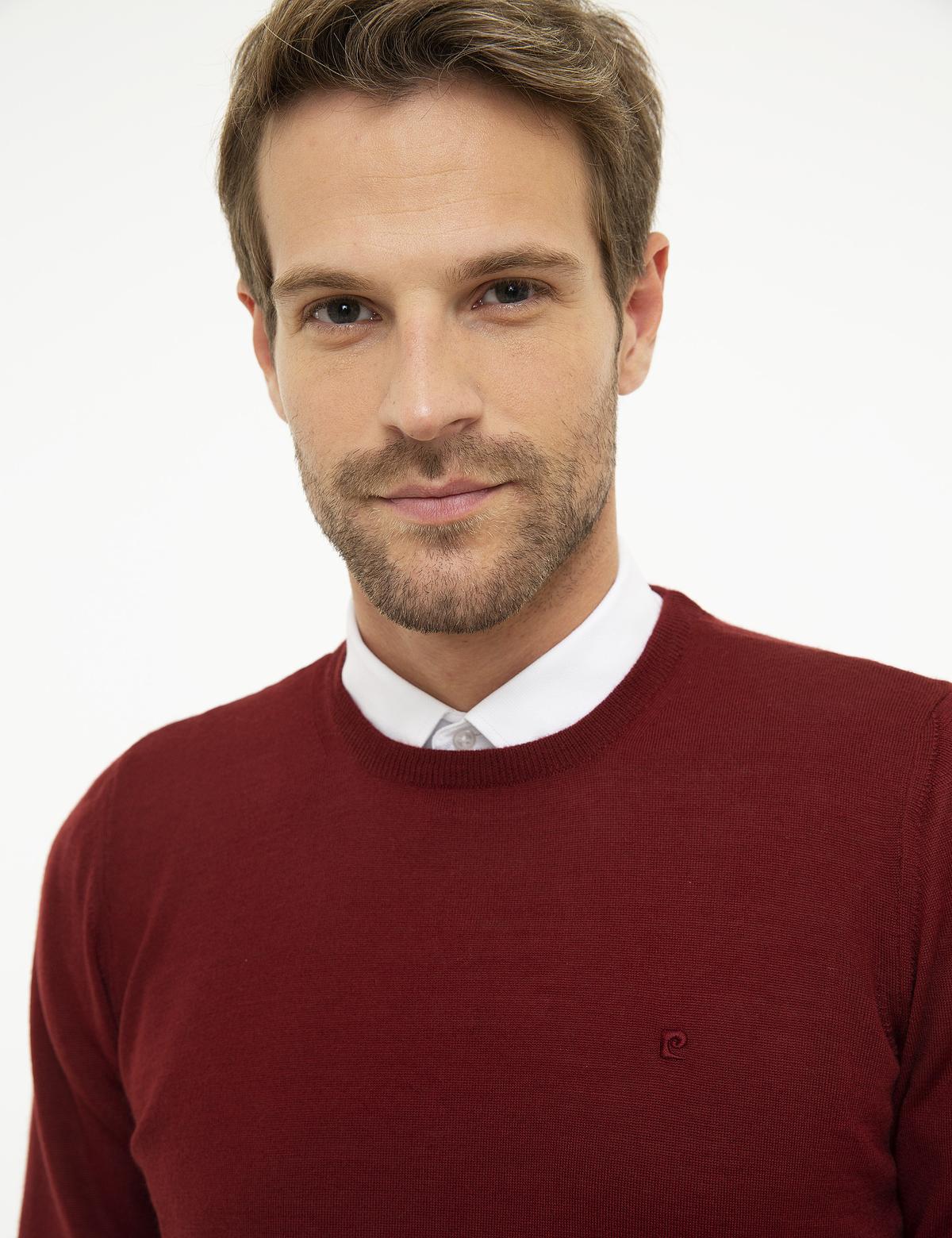 Kırmızı Slim Fit Bisiklet Yaka Yün Karışımlı Basic Triko Kazak