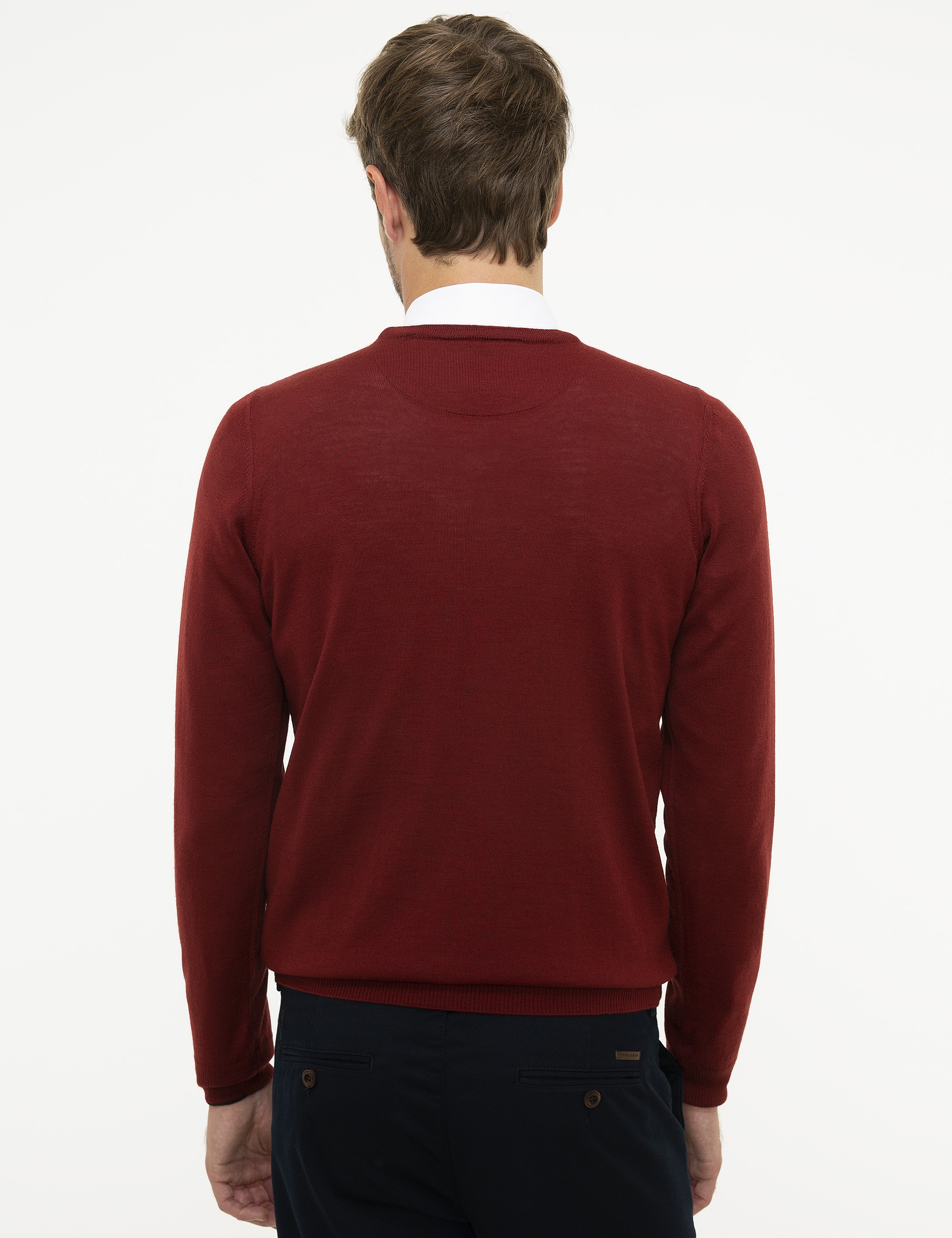 Kırmızı Slim Fit Bisiklet Yaka Yün Karışımlı Basic Triko Kazak - Image 4