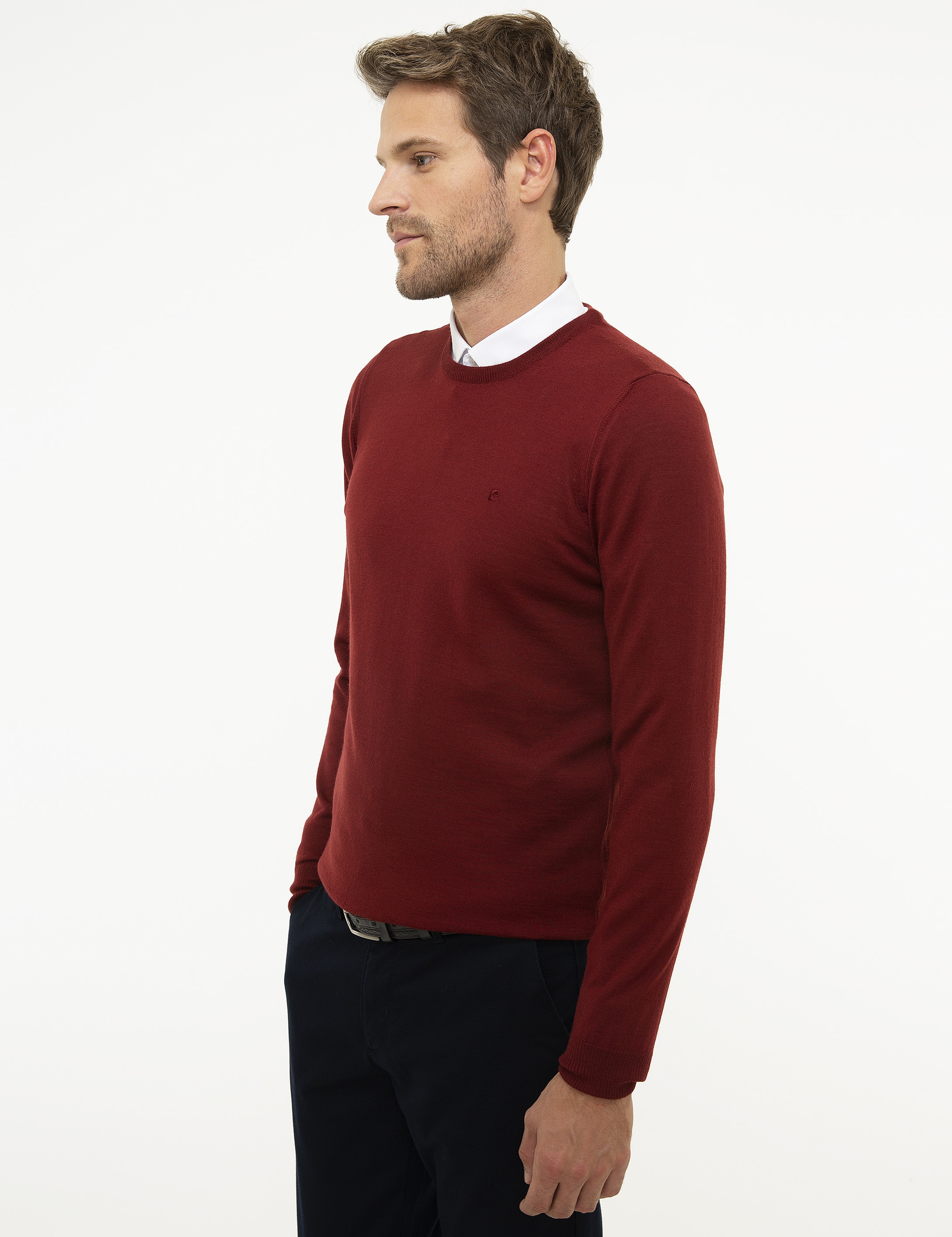 Kırmızı Slim Fit Bisiklet Yaka Yün Karışımlı Basic Triko Kazak