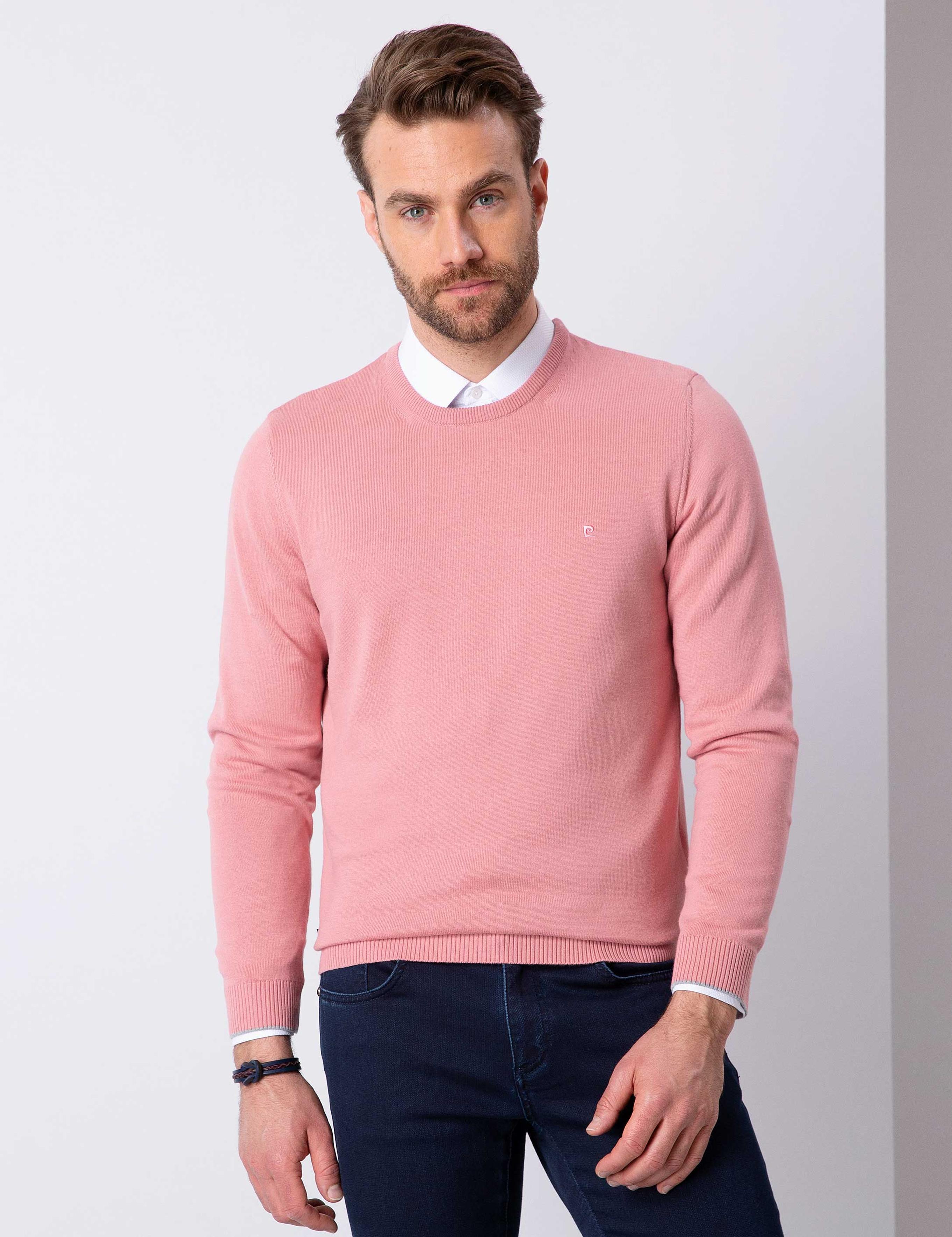 Pembe Slim Fit Bisiklet Yaka Basic Triko Kazak