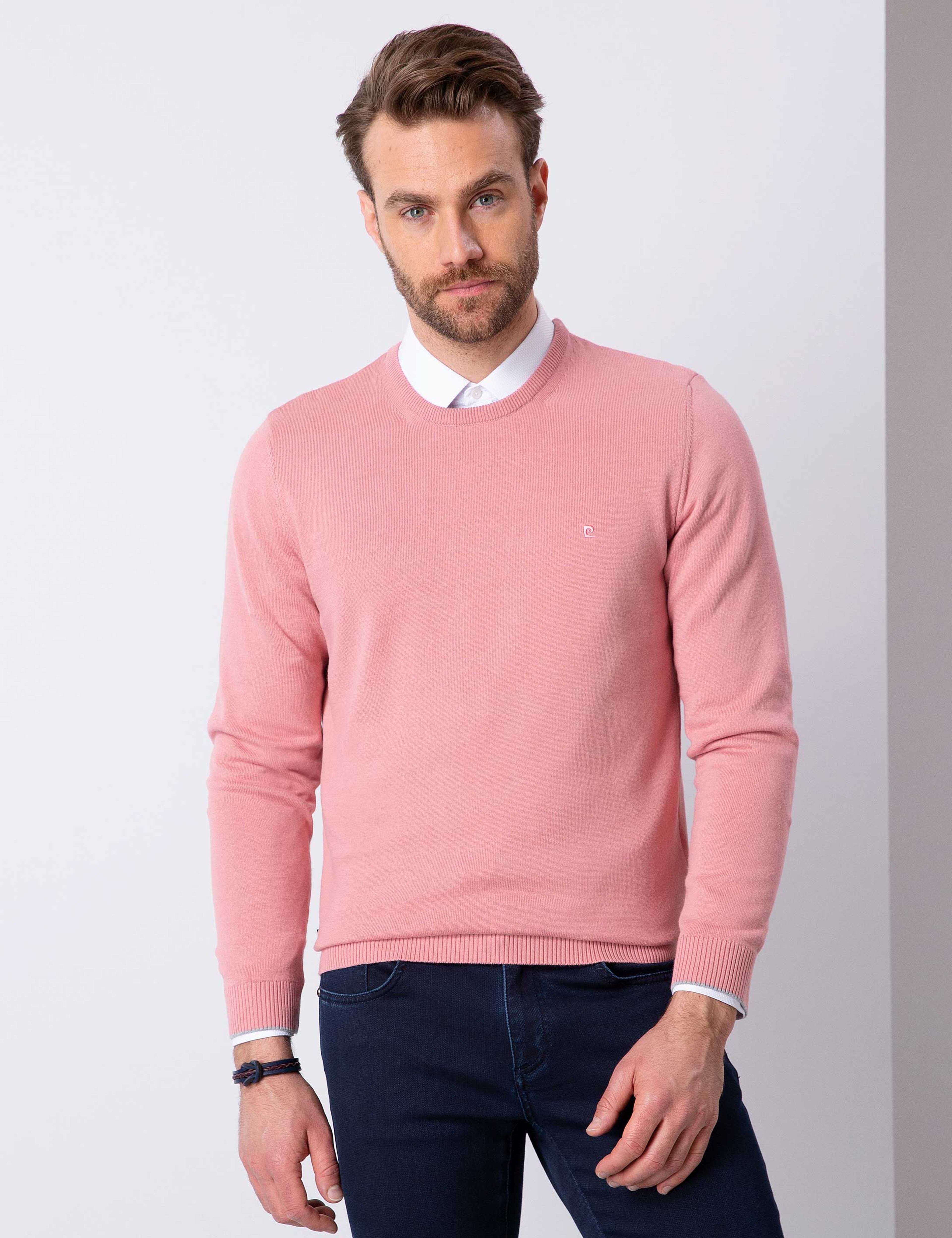 Pembe Slim Fit Bisiklet Yaka Basic Triko Kazak - Image 1