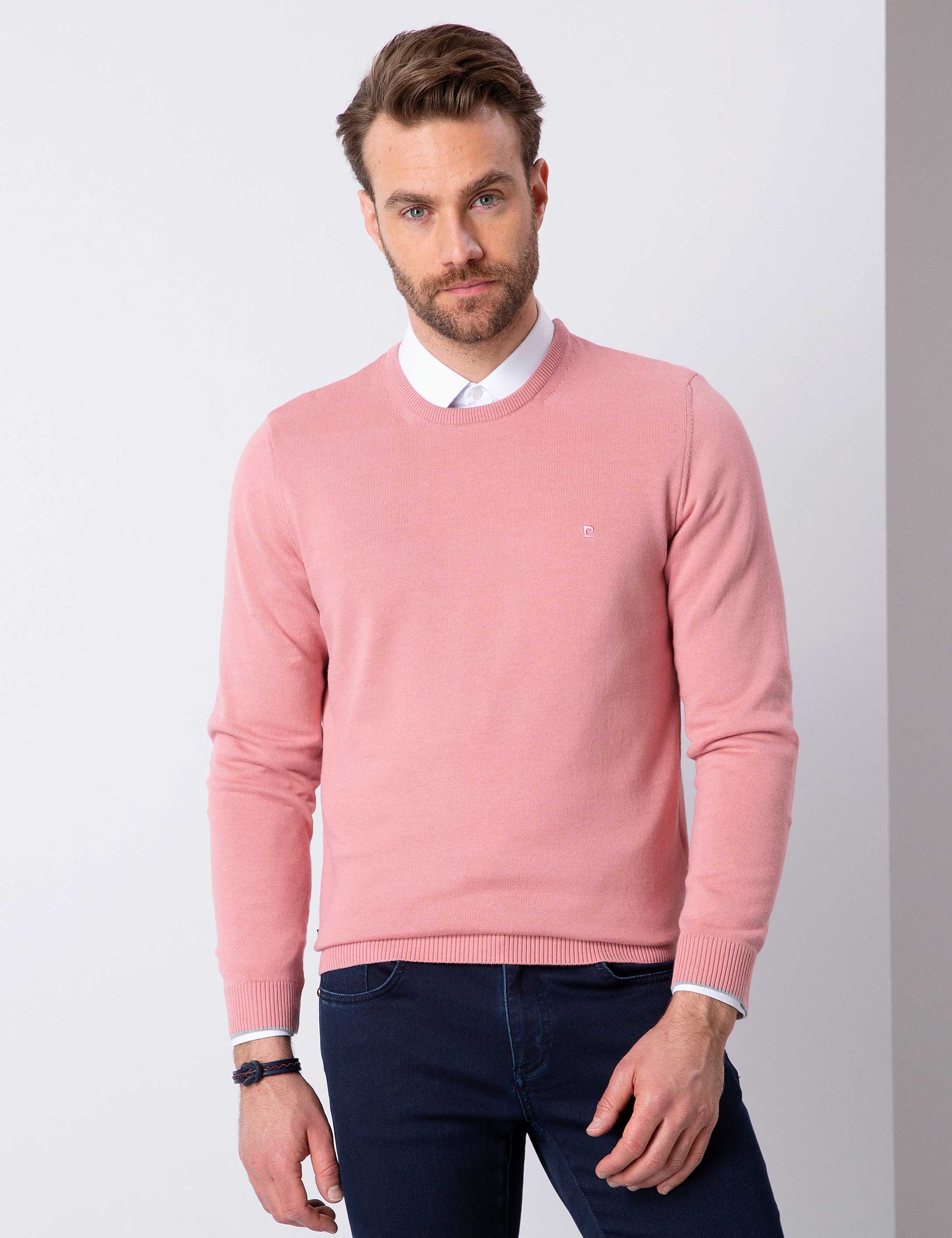 Pembe Slim Fit Bisiklet Yaka Basic Triko Kazak