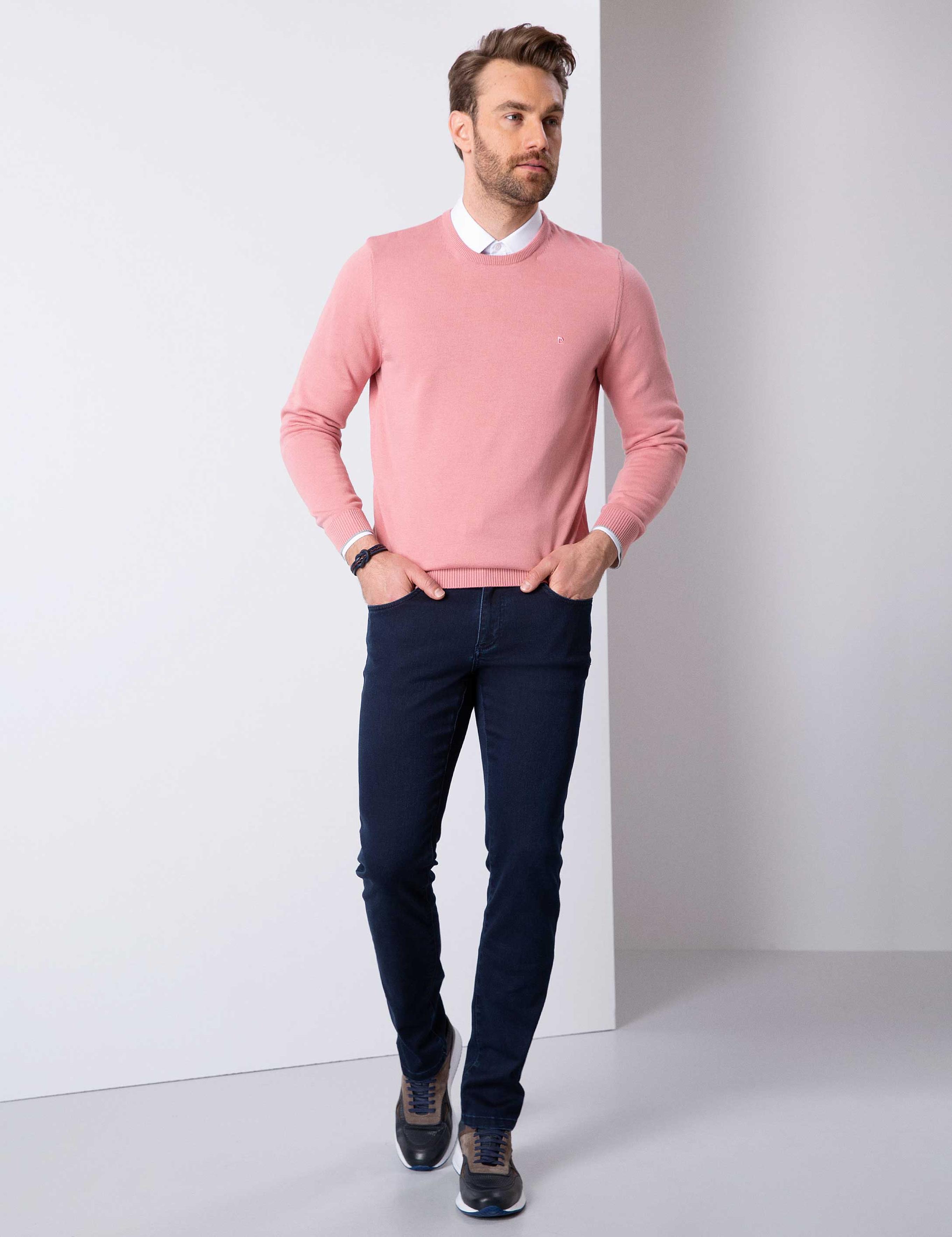 Pembe Slim Fit Bisiklet Yaka Basic Triko Kazak