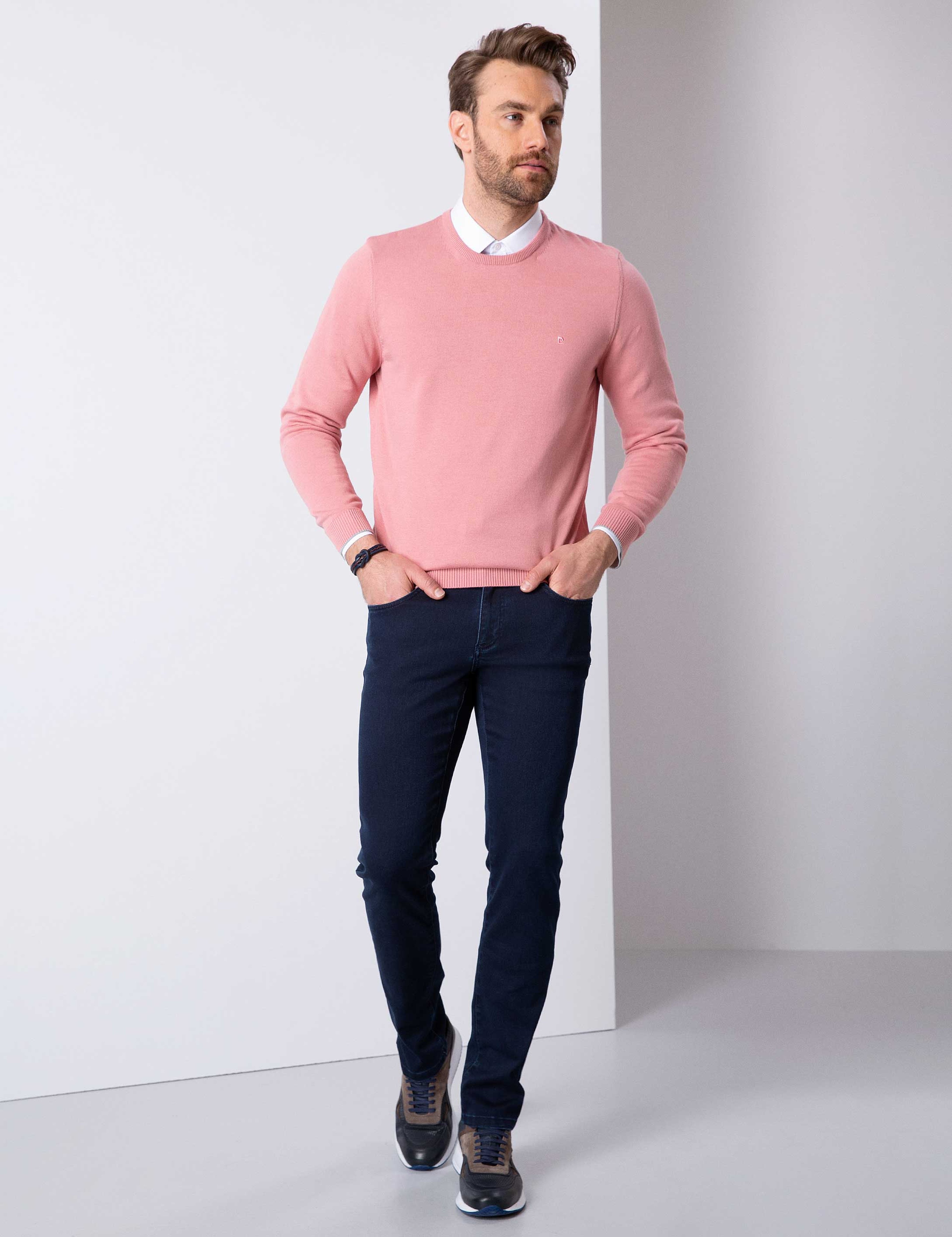 Pembe Slim Fit Bisiklet Yaka Basic Triko Kazak - Image 4