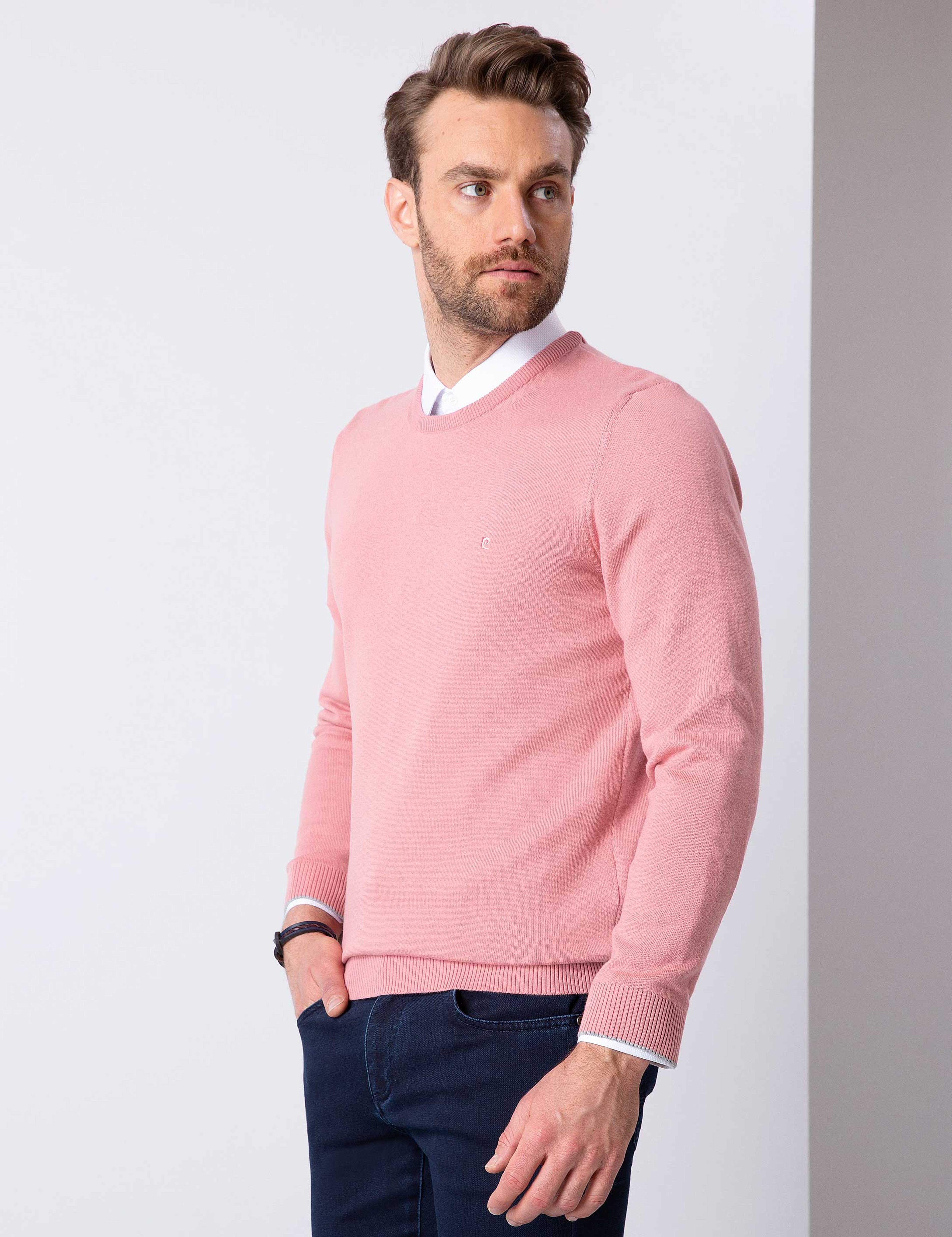 Pembe Slim Fit Bisiklet Yaka Basic Triko Kazak - Image 2