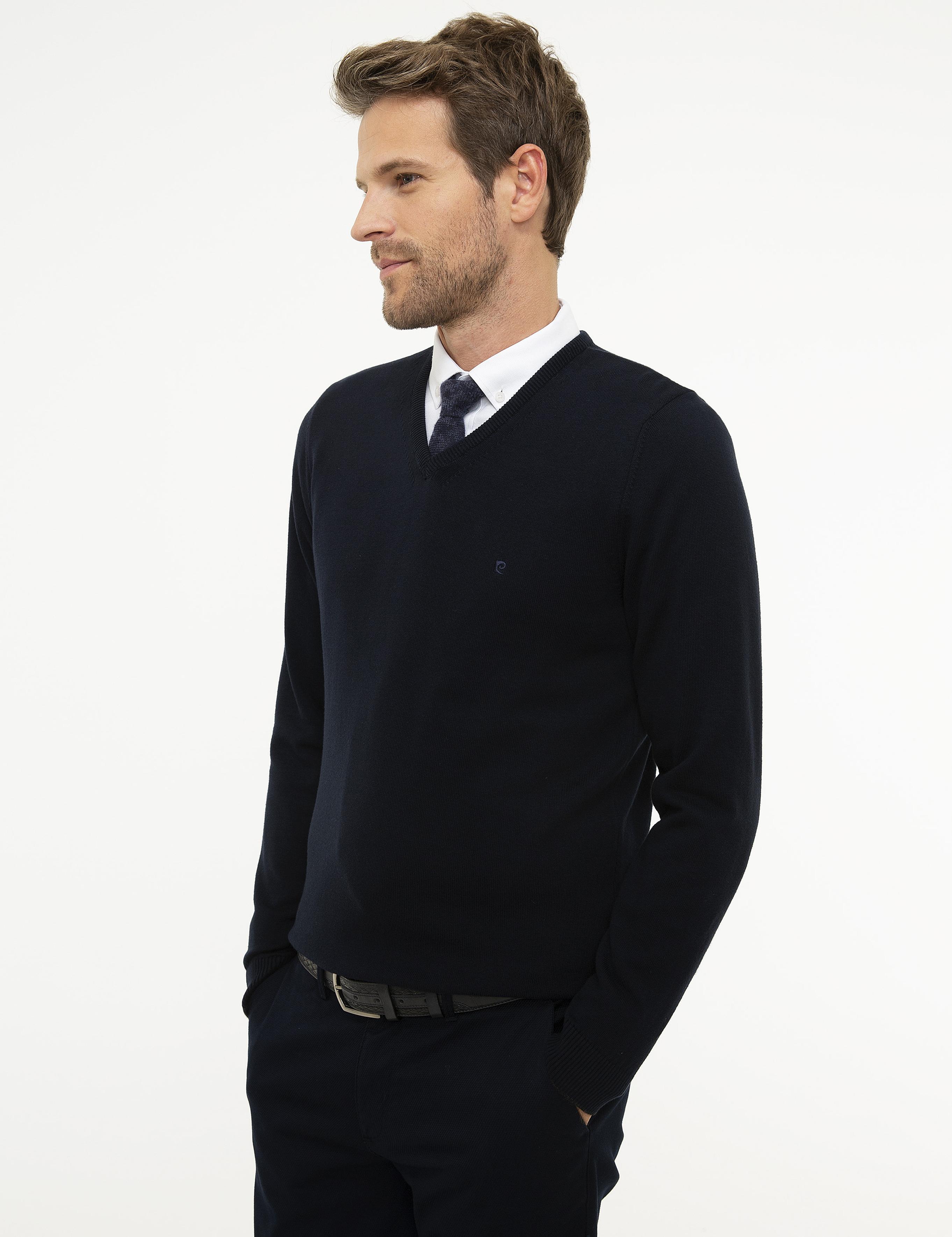 Koyu Lacivert Slim Fit V Yaka Basic Triko Kazak