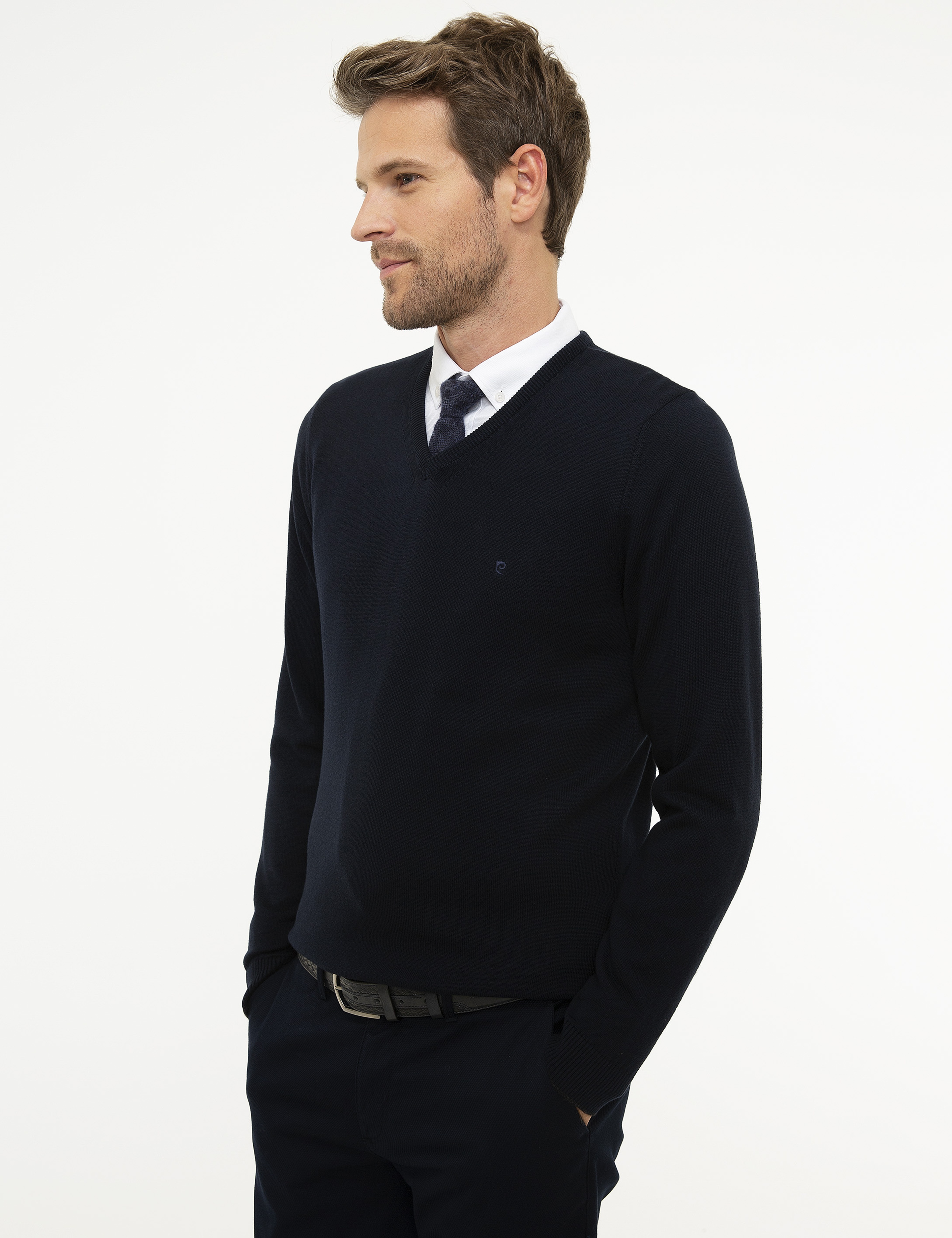 Koyu Lacivert Slim Fit V Yaka Basic Triko Kazak - Image 3