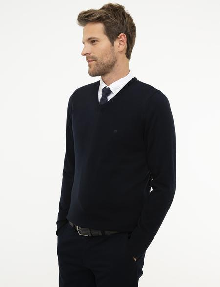 Koyu Lacivert Slim Fit V Yaka Basic Triko Kazak - 50207495171