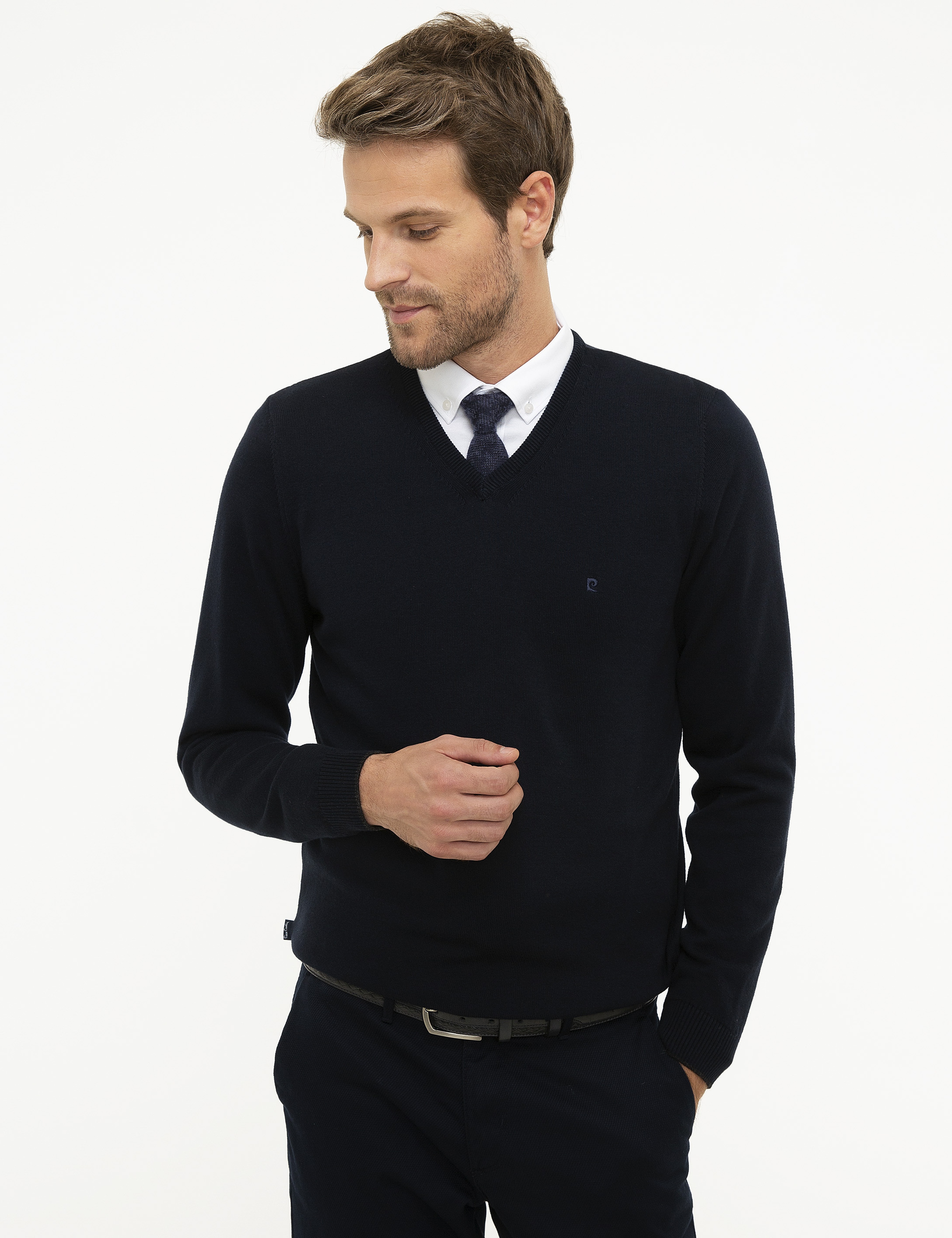 Koyu Lacivert Slim Fit V Yaka Basic Triko Kazak - Image 1