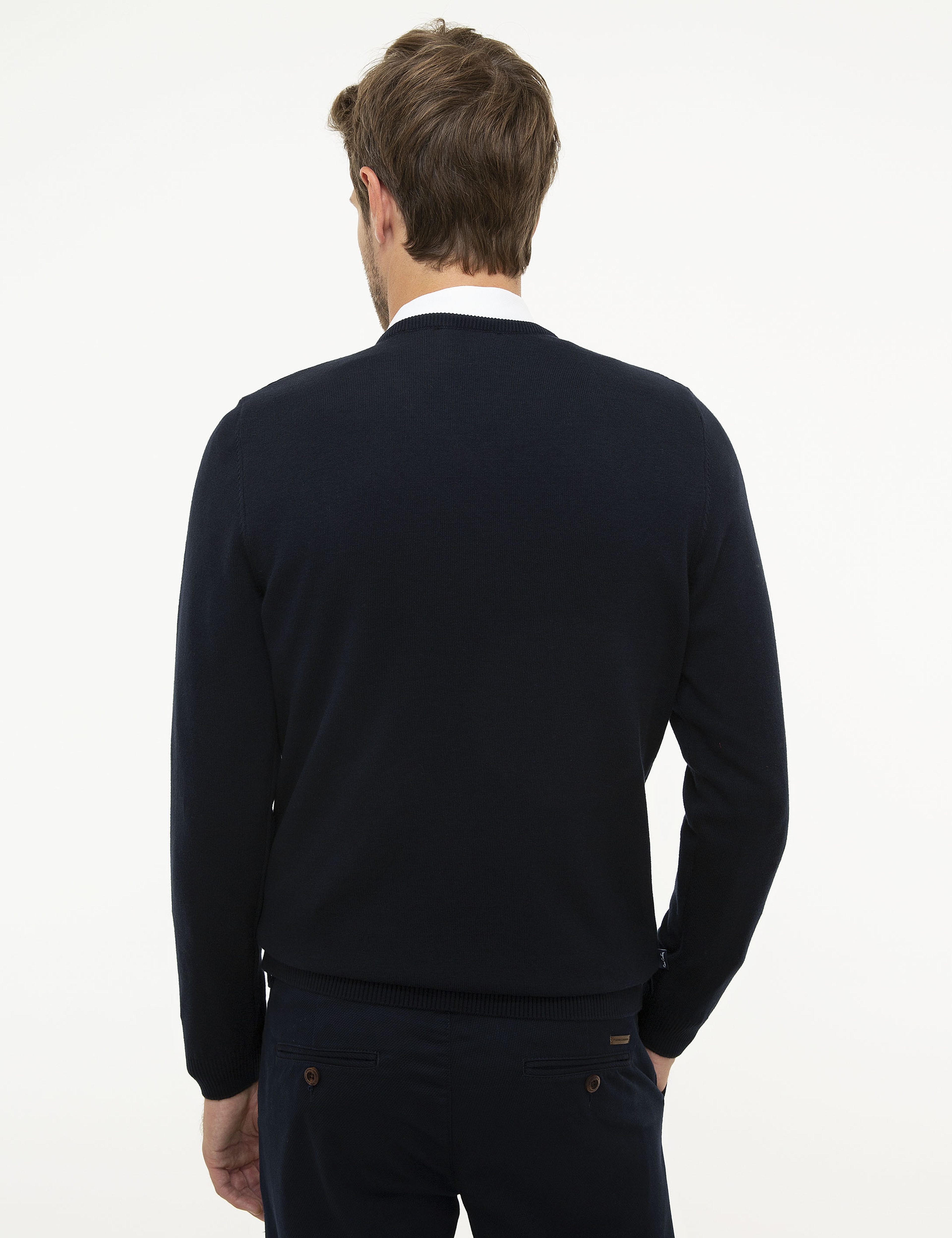 Koyu Lacivert Slim Fit V Yaka Basic Triko Kazak - Image 4