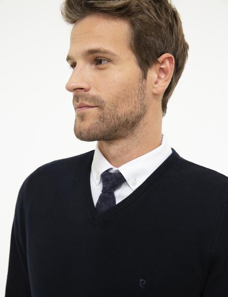 Koyu Lacivert Slim Fit V Yaka Basic Triko Kazak - 50207495171