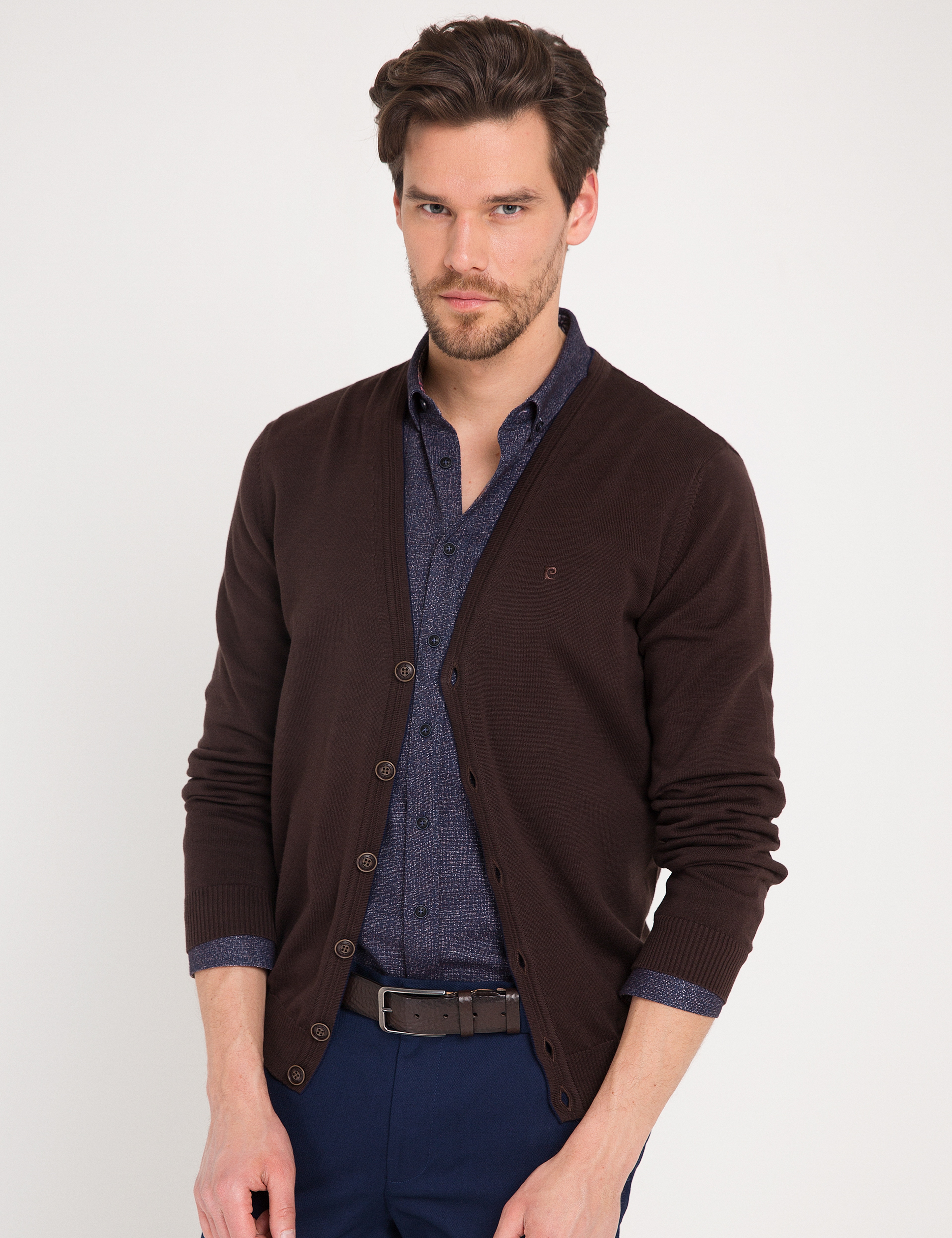 Kahverengi Slim Fit Basic Triko Hırka - Image 1