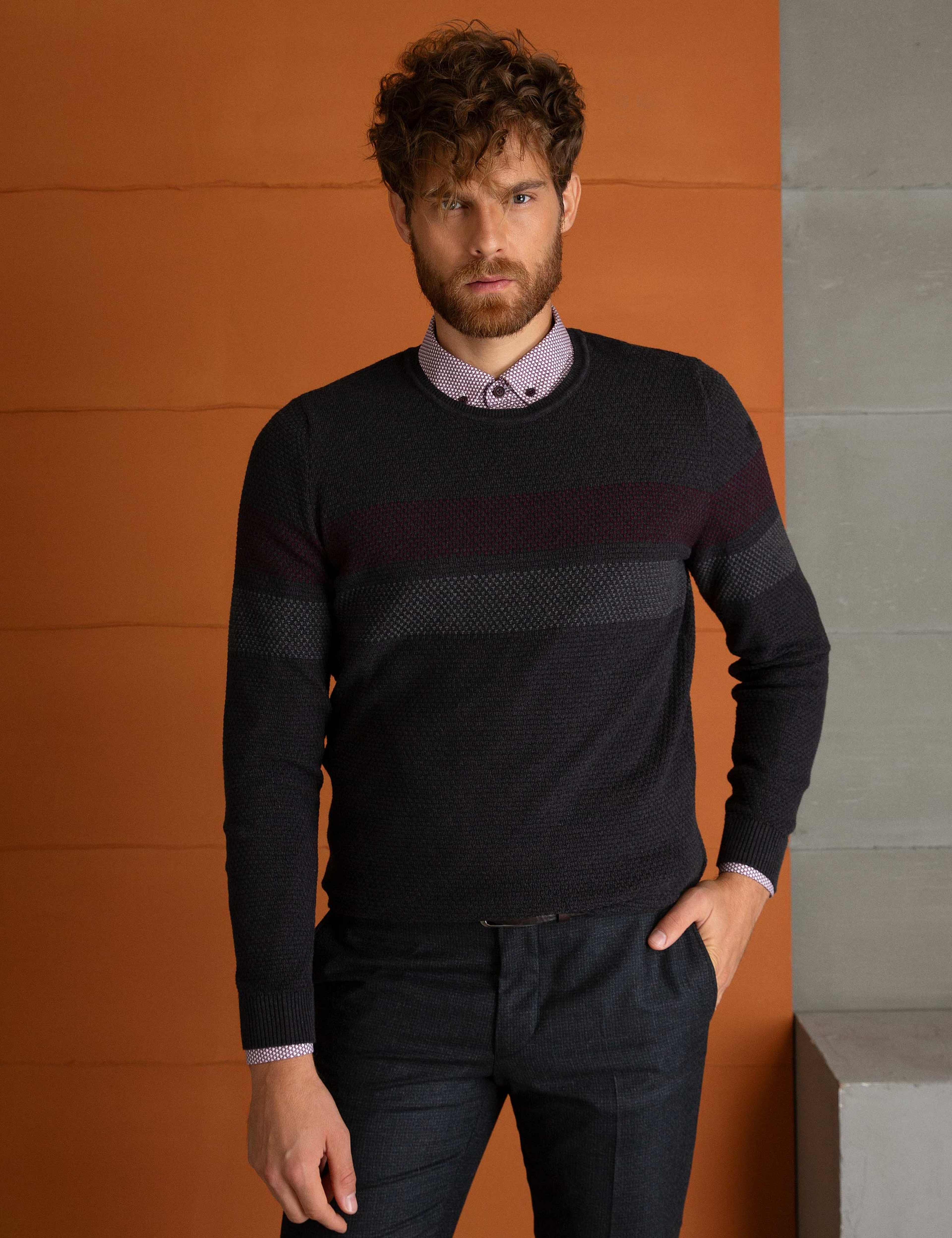 Antrasit Melanj Slim Fit Triko Kazak - Image 2