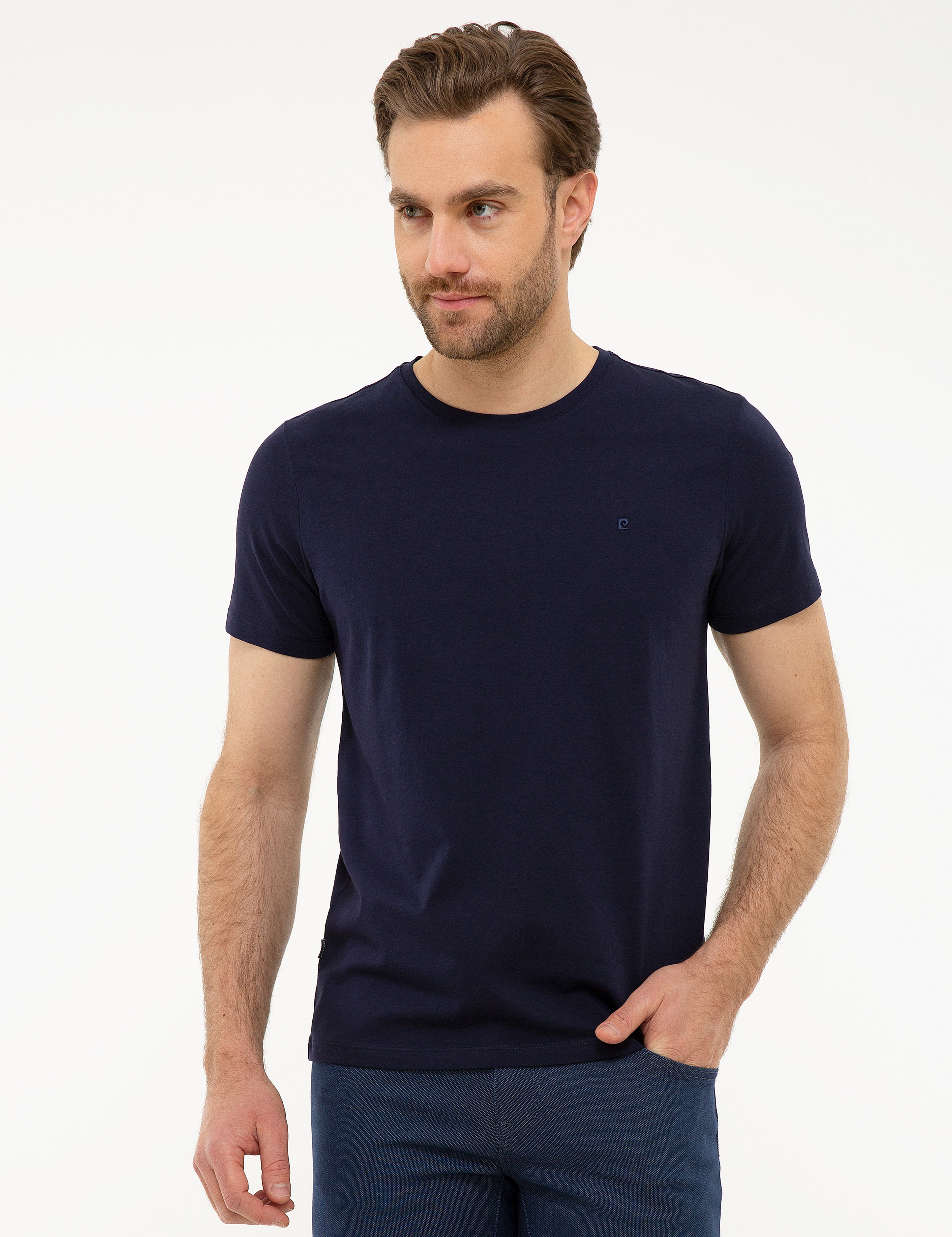 Lacivert Slim Fit Bisiklet Yaka Basic T-Shirt - Image 2