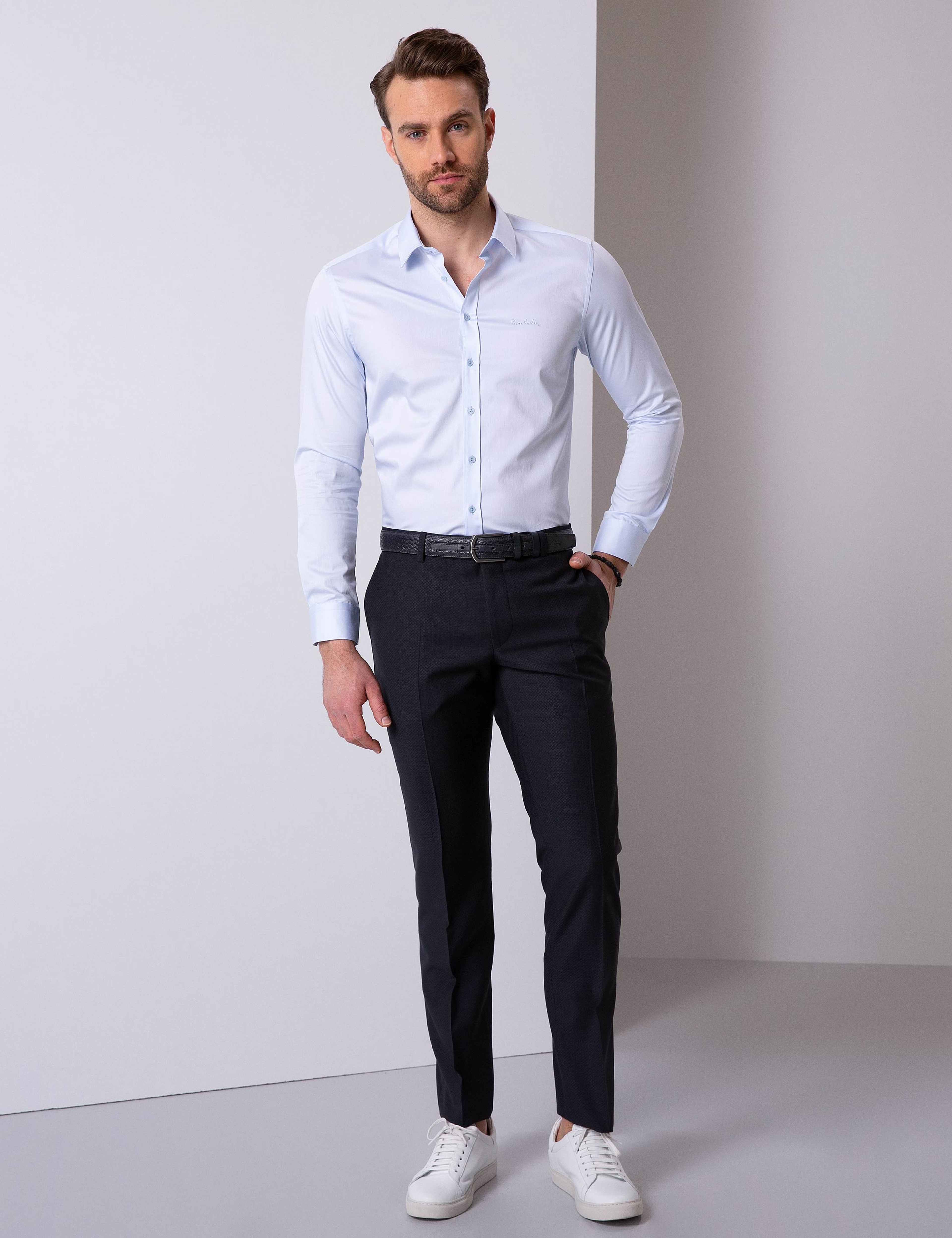 Açık Mavi Slim Fit Uzun Kollu Basic Gömlek - Image 2