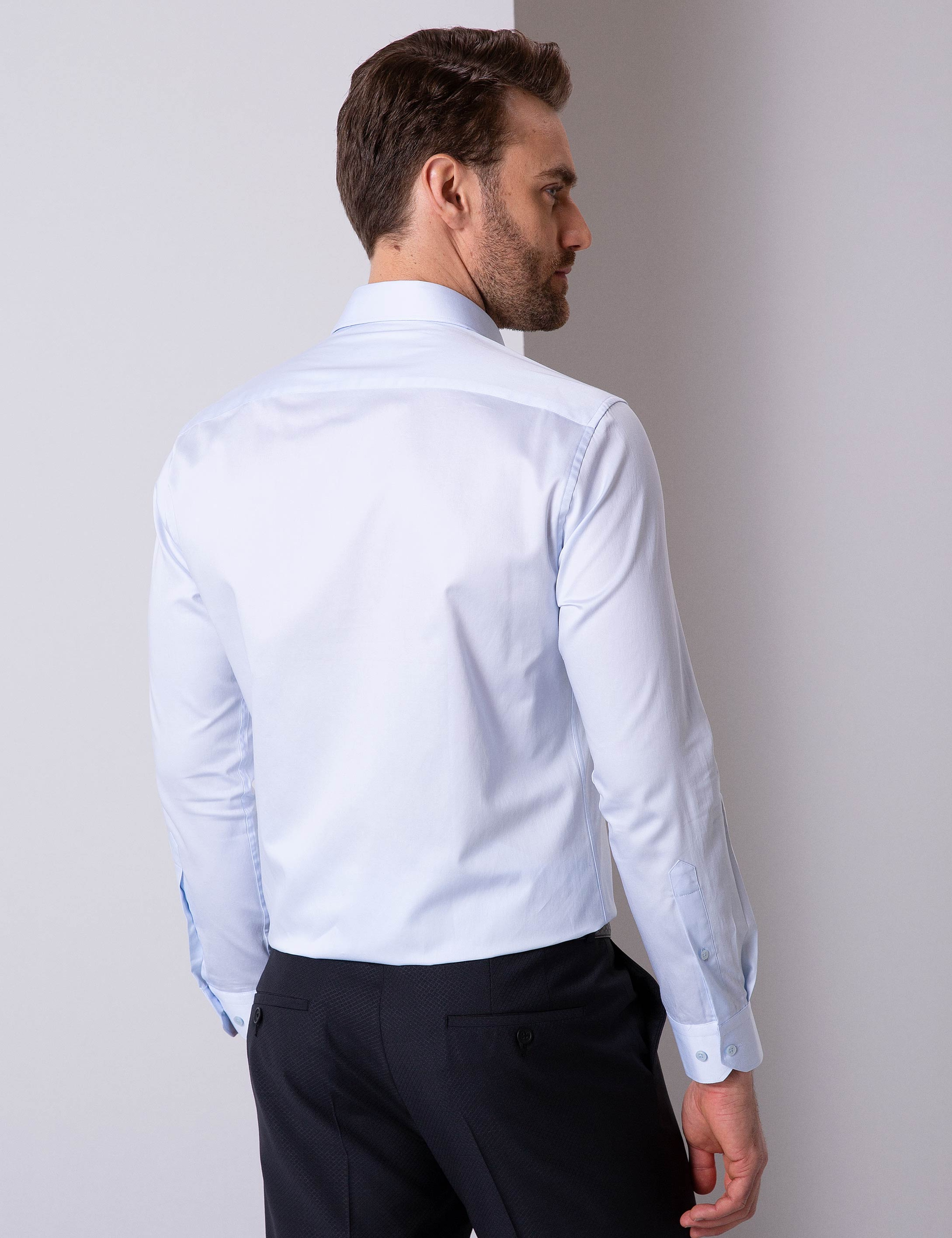 Açık Mavi Slim Fit Uzun Kollu Basic Gömlek - Image 3