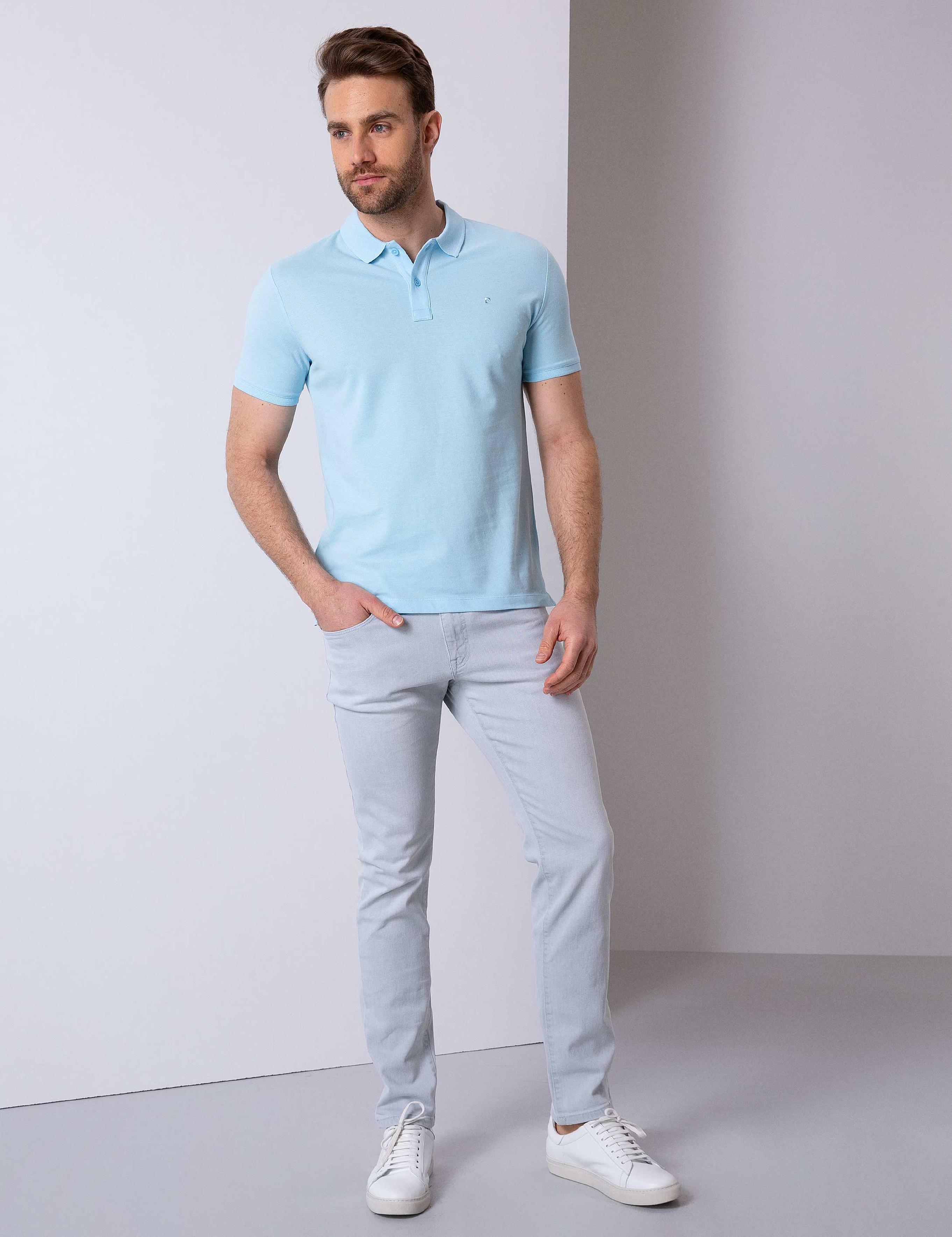 Açık Mavi Slim Fit Polo Yaka Basic T-Shirt