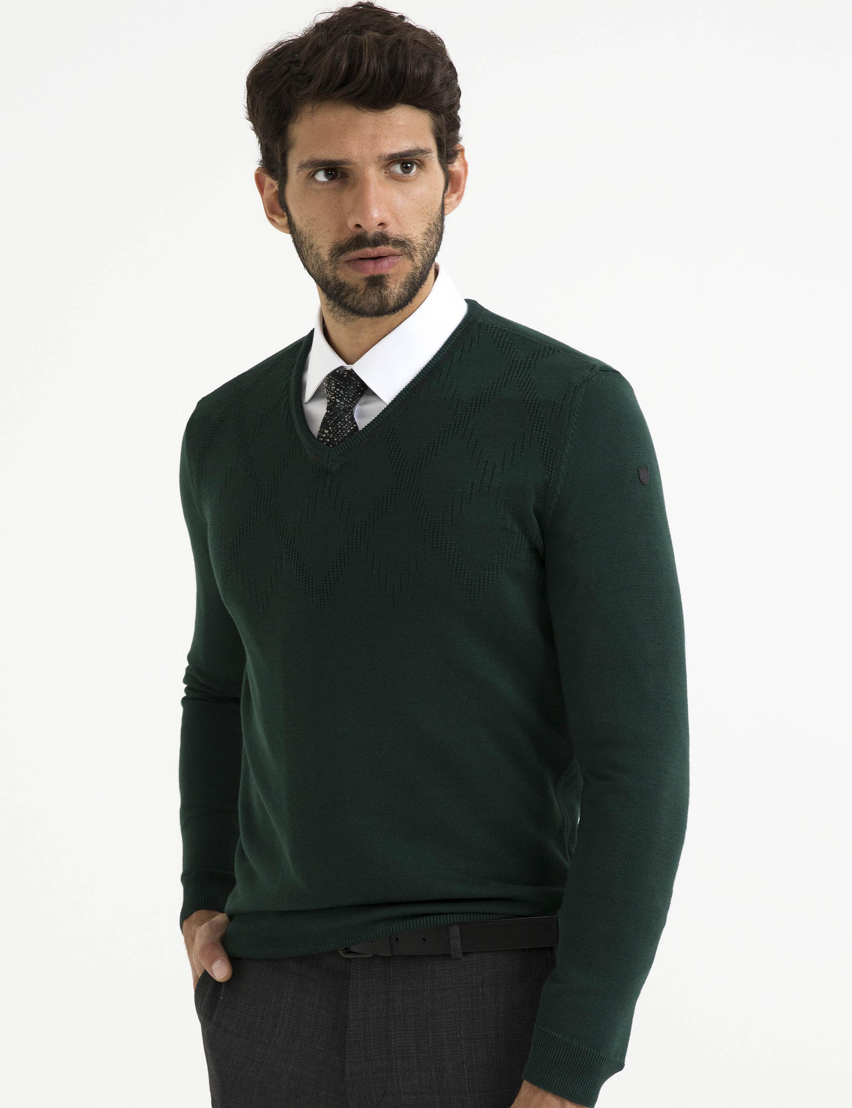 Yeşil Slim Fit V Yaka Triko Kazak