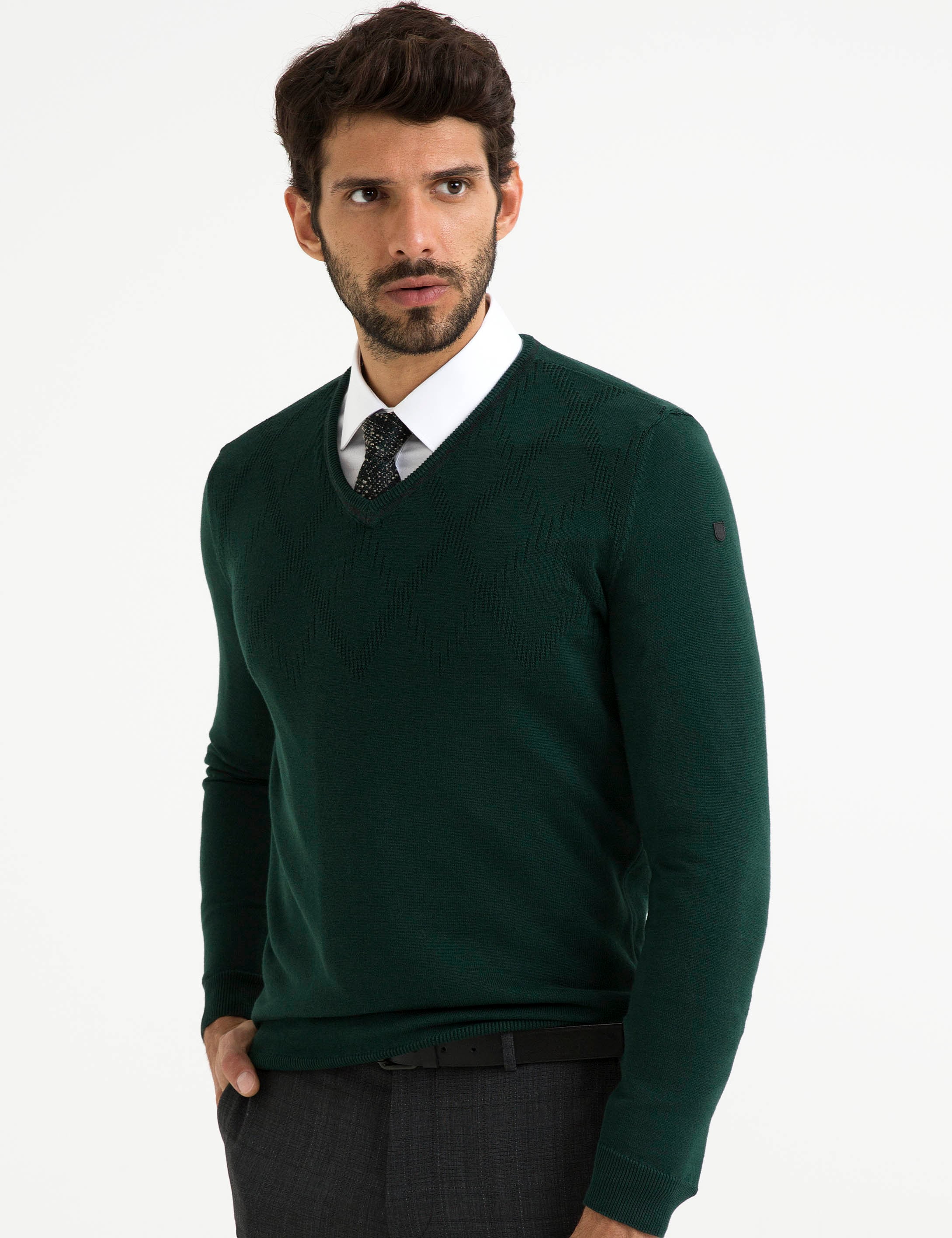Yeşil Slim Fit V Yaka Triko Kazak