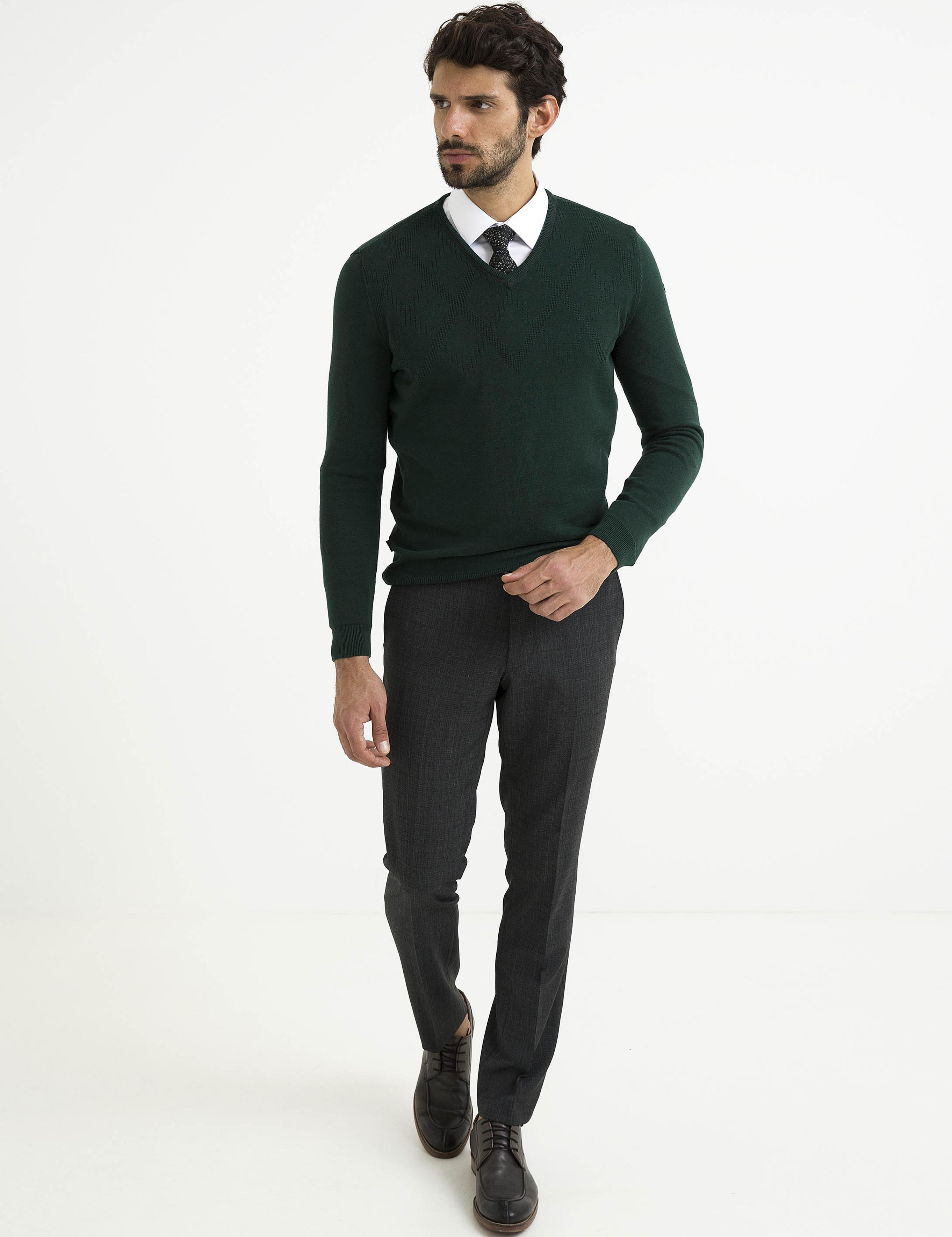 Yeşil Slim Fit V Yaka Triko Kazak