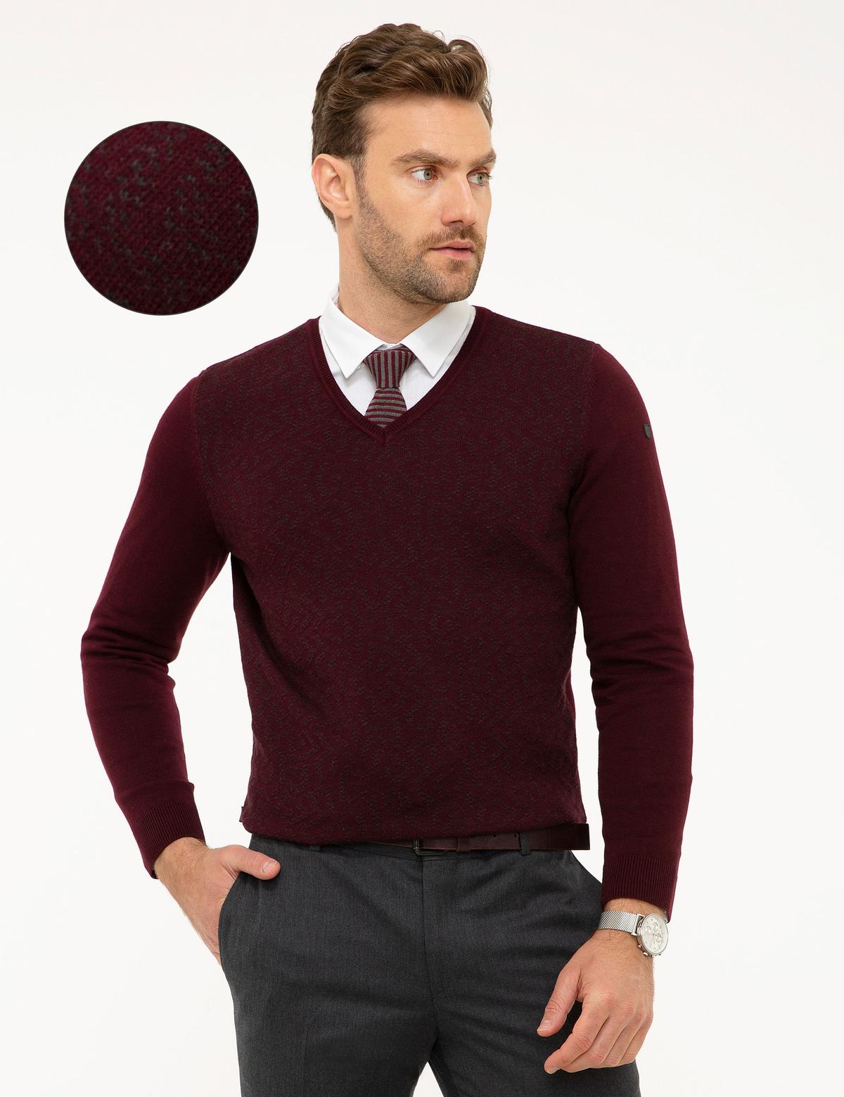 Bordo Slim Fit V Yaka Triko Kazak