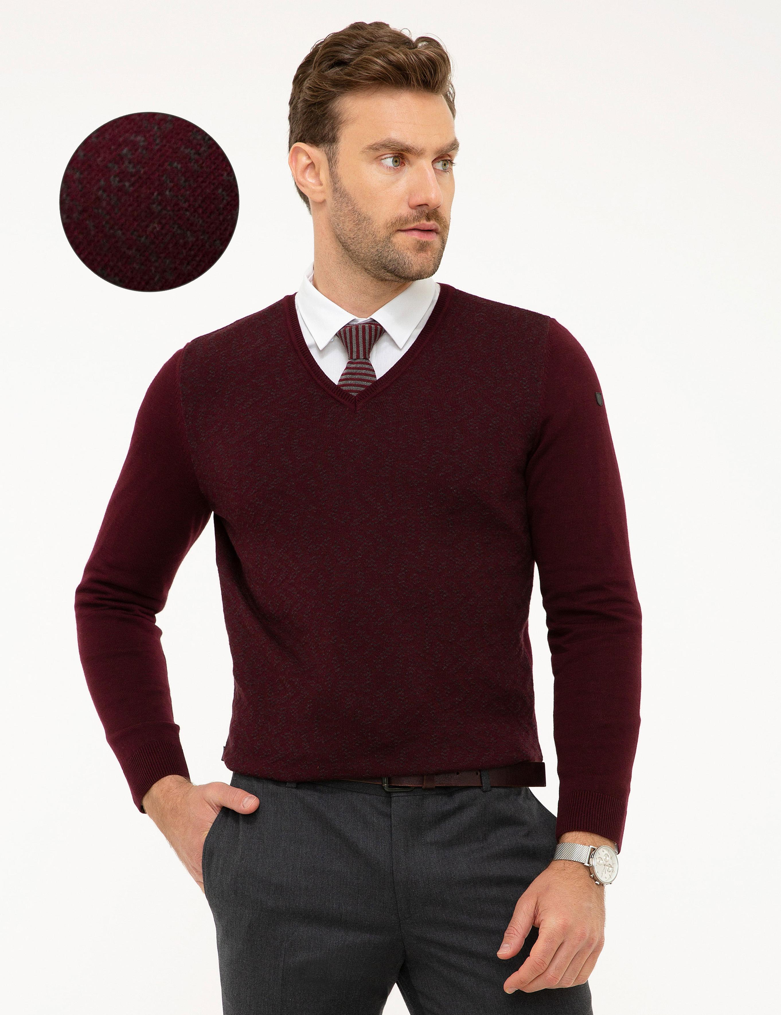 Bordo Slim Fit V Yaka Triko Kazak